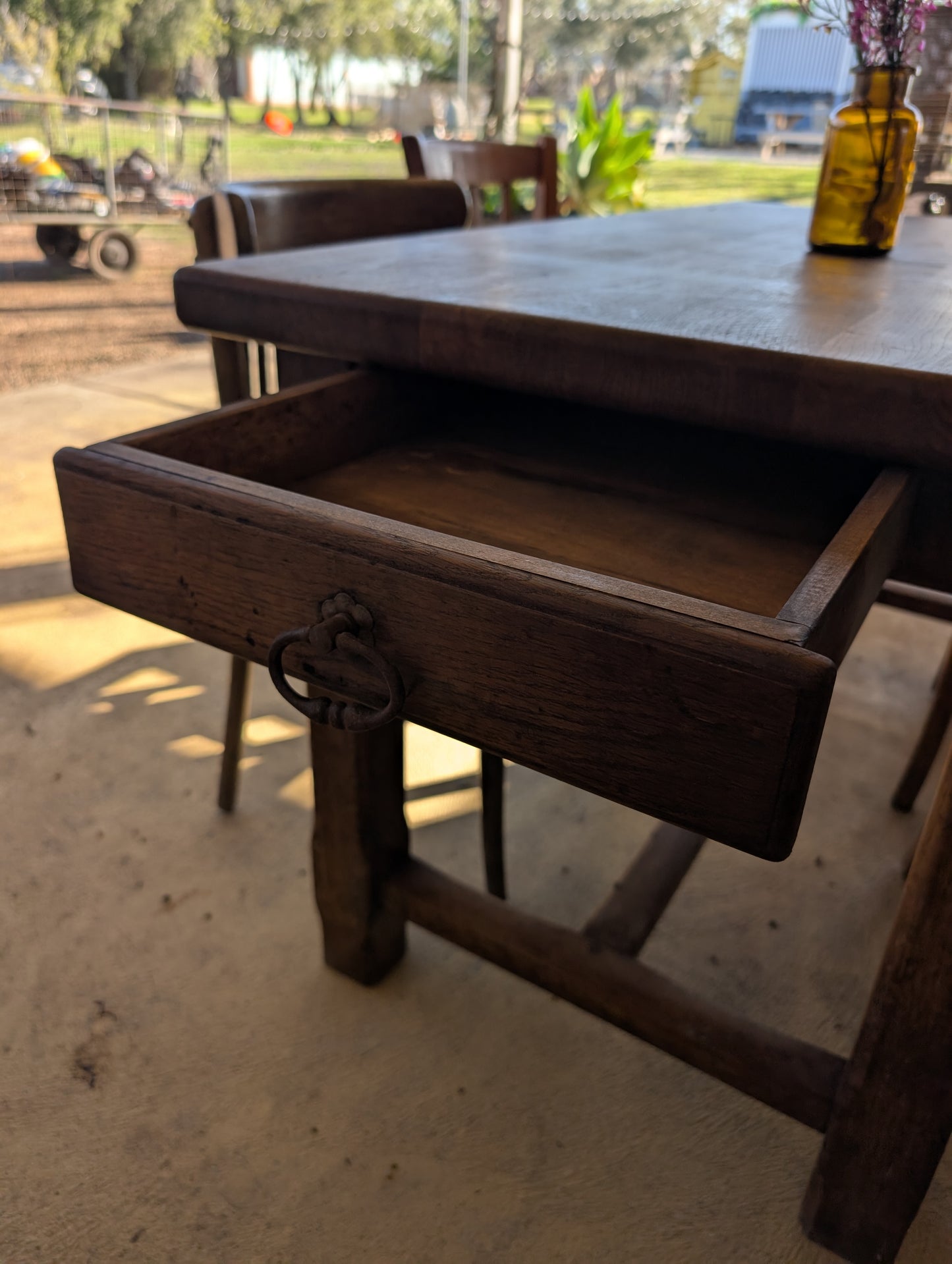 Oak french farm table with drawer and extension.