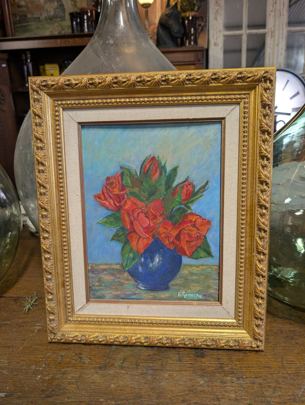 Original French Impressionist Still Life Oil Painting - "Roses: Christophe Colomb" by Lydie Granche (2004)