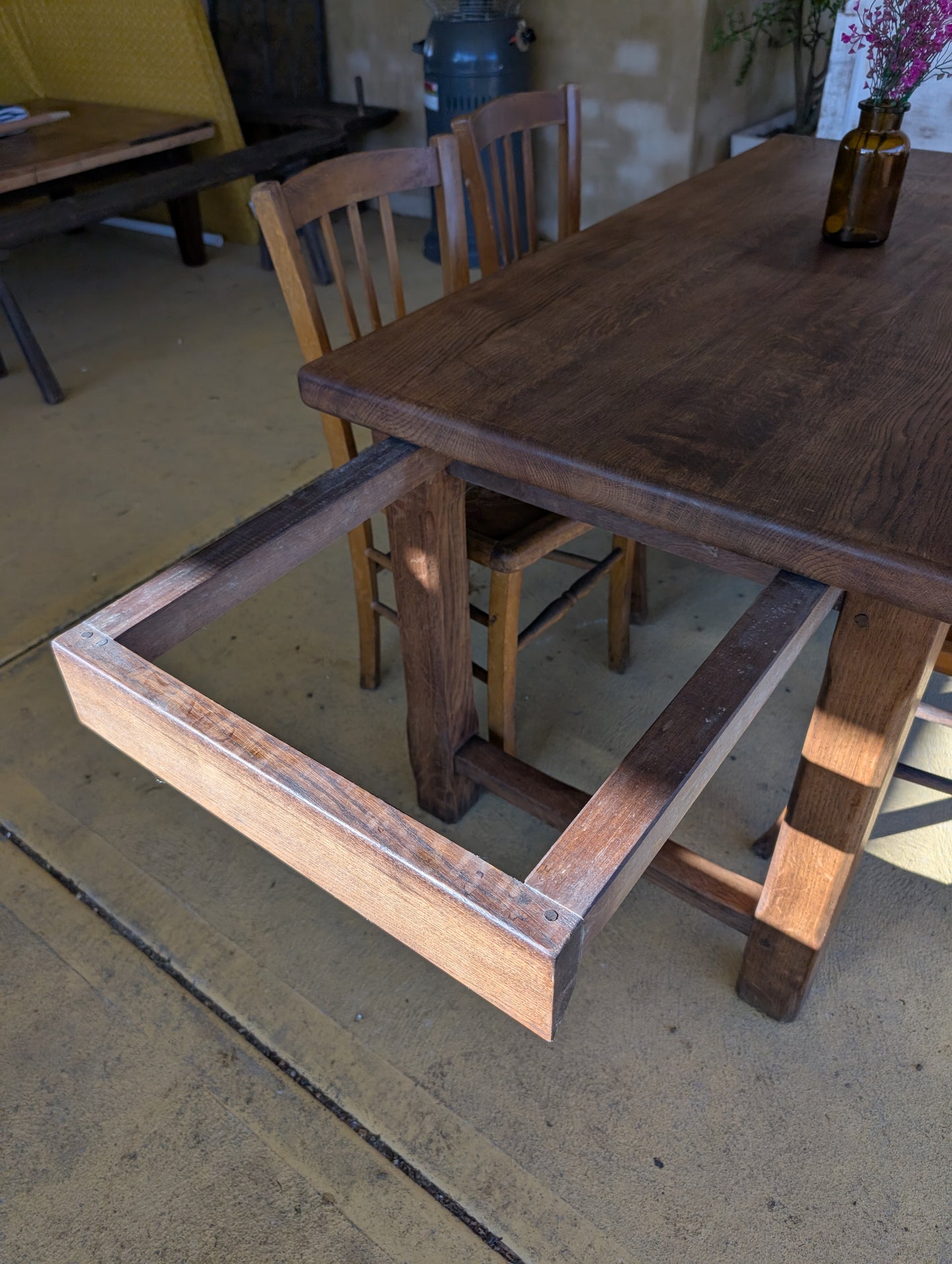 Oak french farm table with drawer and extension.