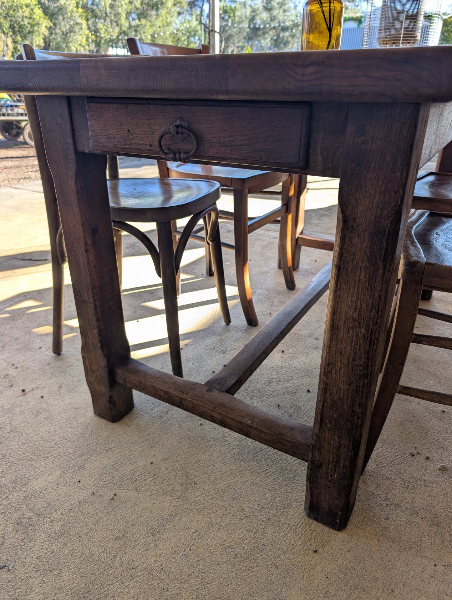 Oak french farm table with drawer and extension.