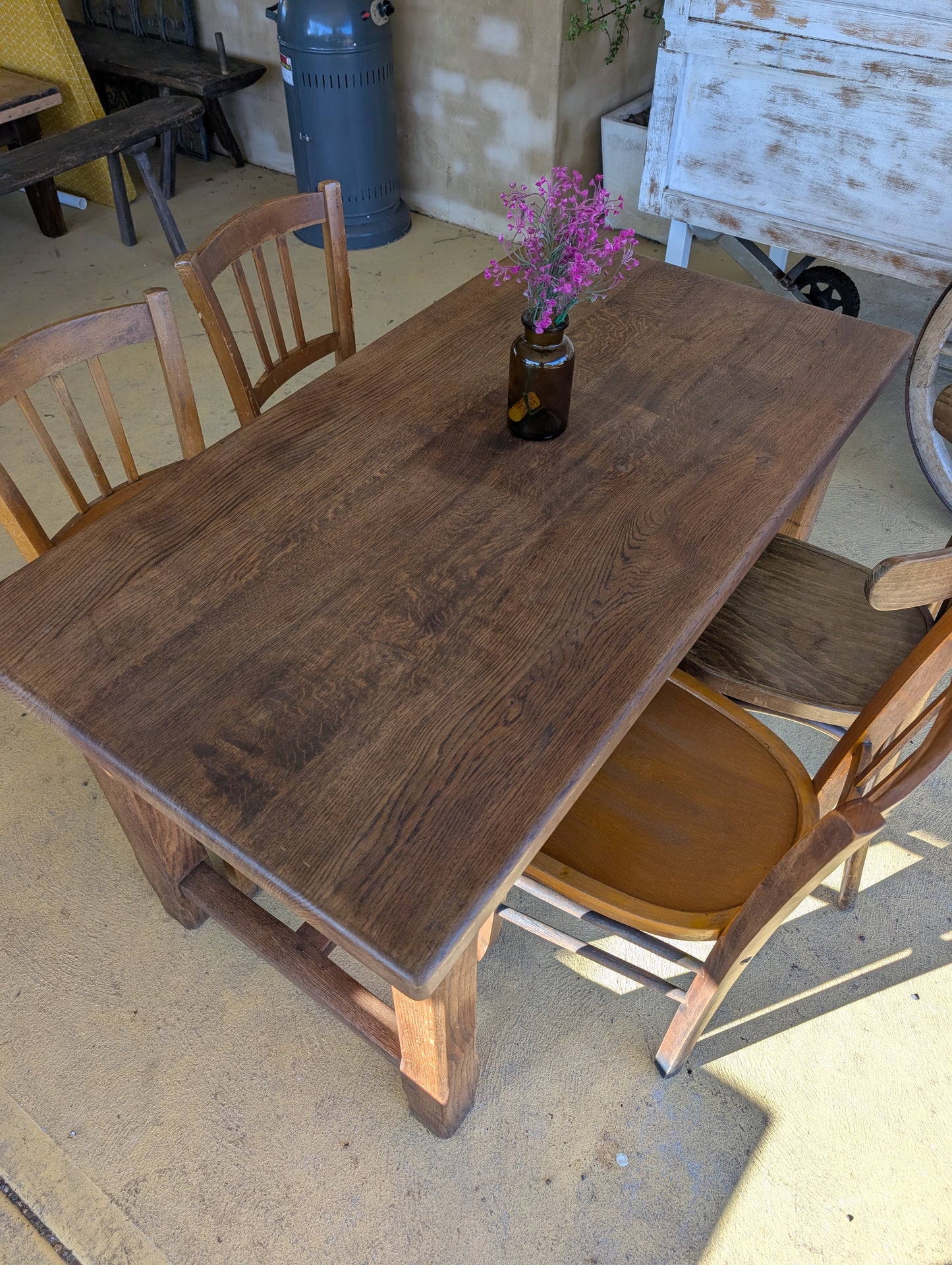 Oak french farm table with drawer and extension.