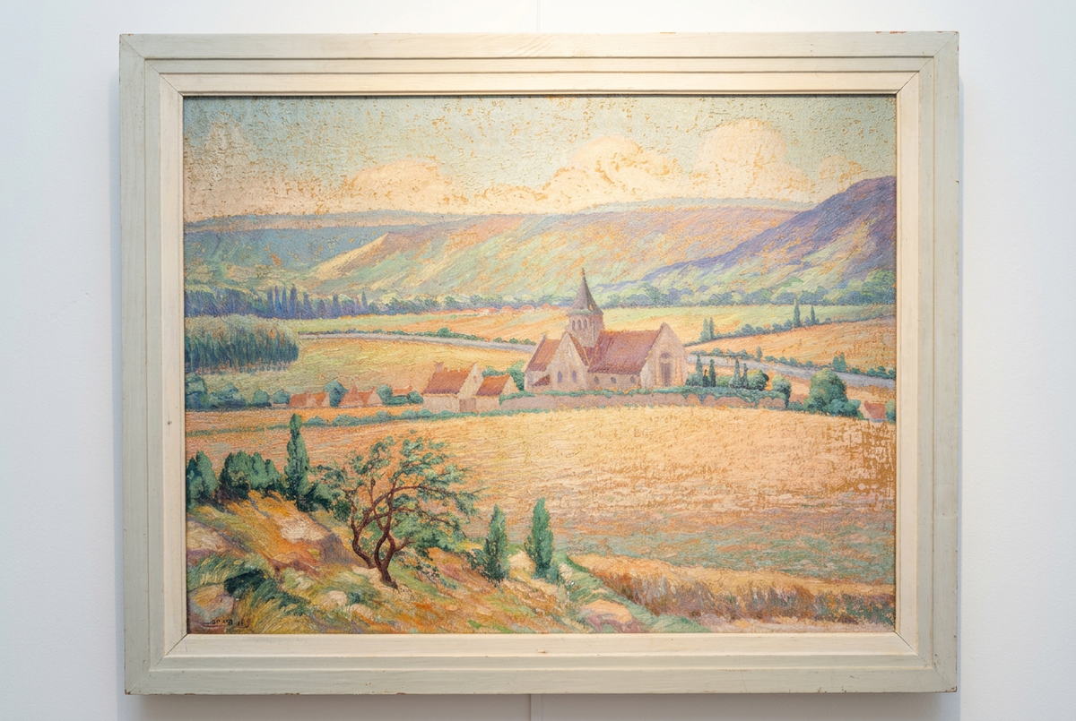Post-Impressionist landscape painting rendered in a textured, stippled pointillist technique. By David C20th