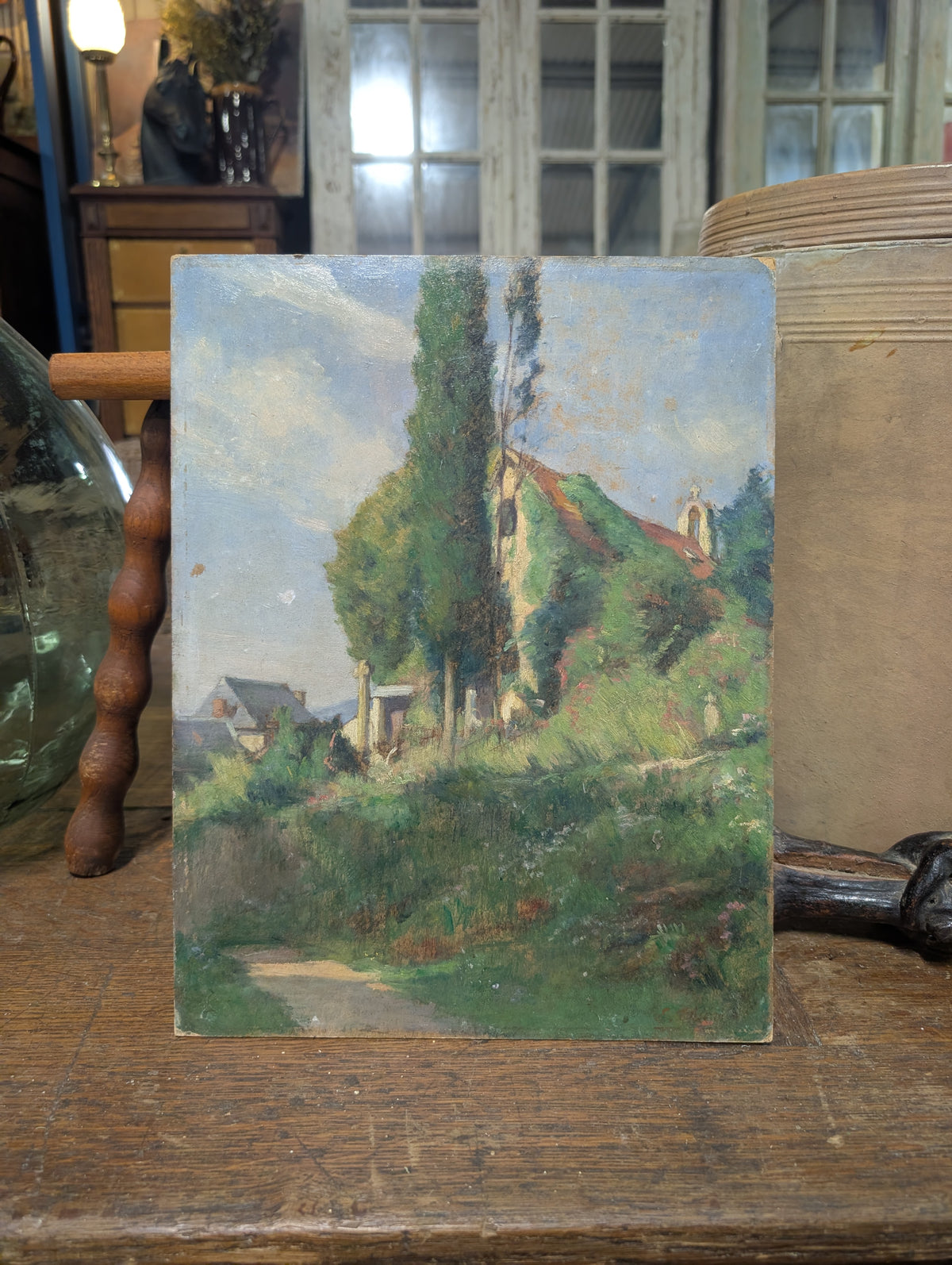 Antique French Impressionist Oil on Board – Chapelle de Présignac, Souillac (Lot), c. 1890–1930
