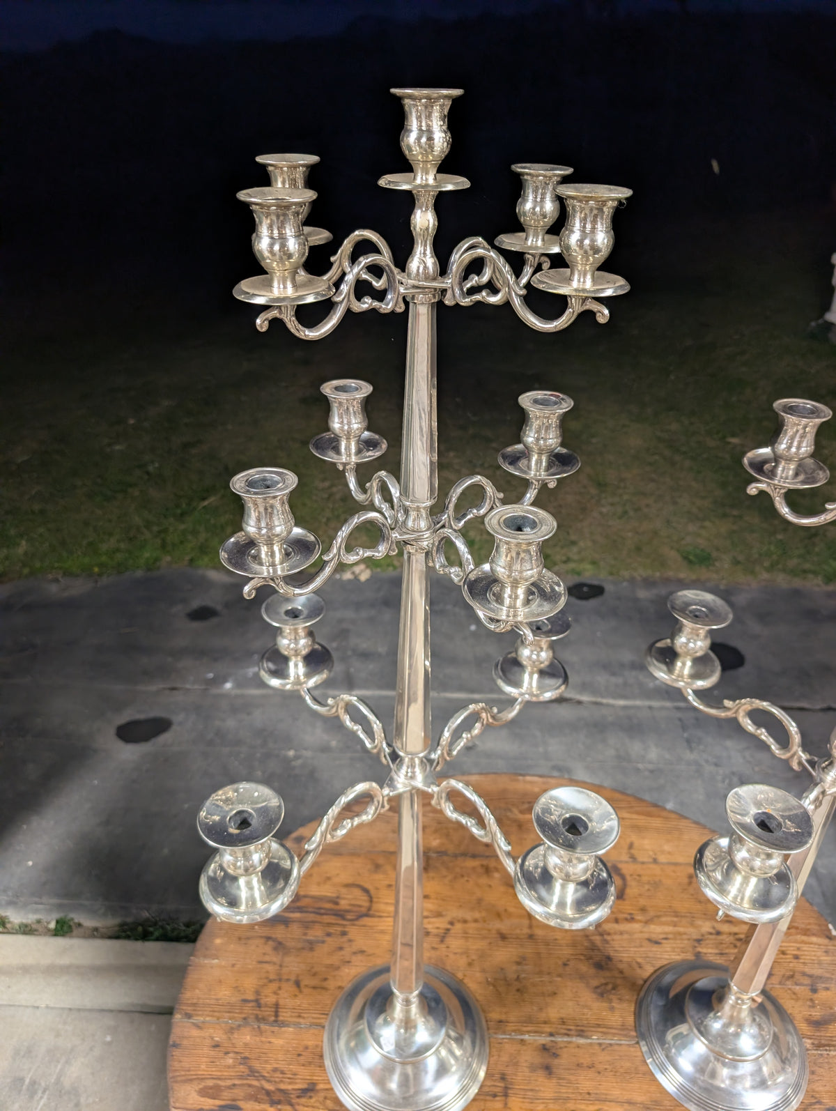 Pair of solid C19th silver plated candelabra, Victorian Style, 120cm H, 13 candles.