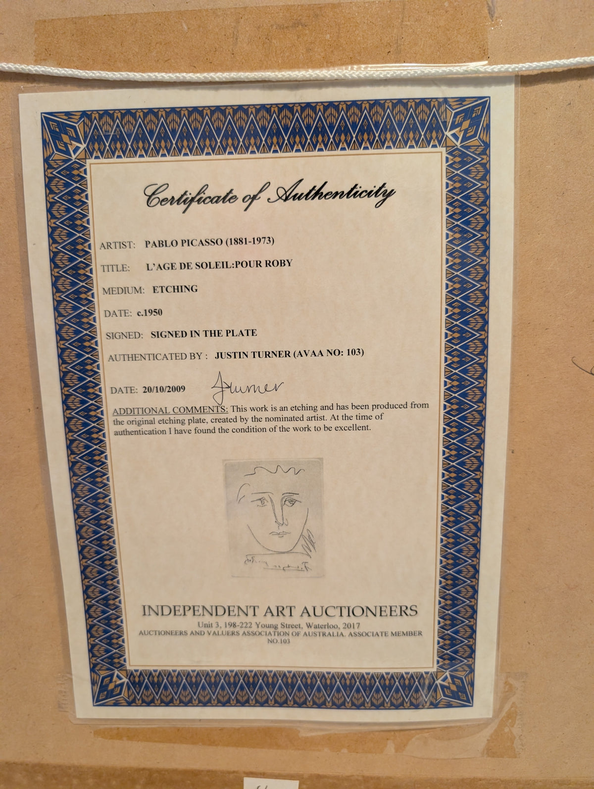 Picasso Plate-signed re-strike etching titled Pour Roby (from L'Age de soleil)