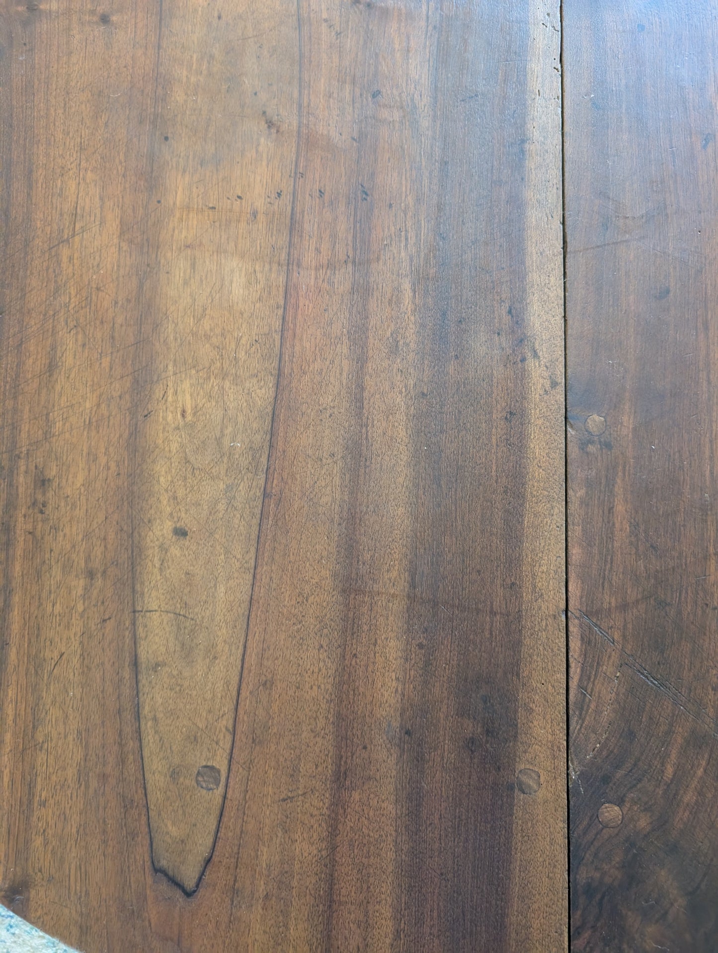 19th C. French walnut round table with fold down sides & turned legs.