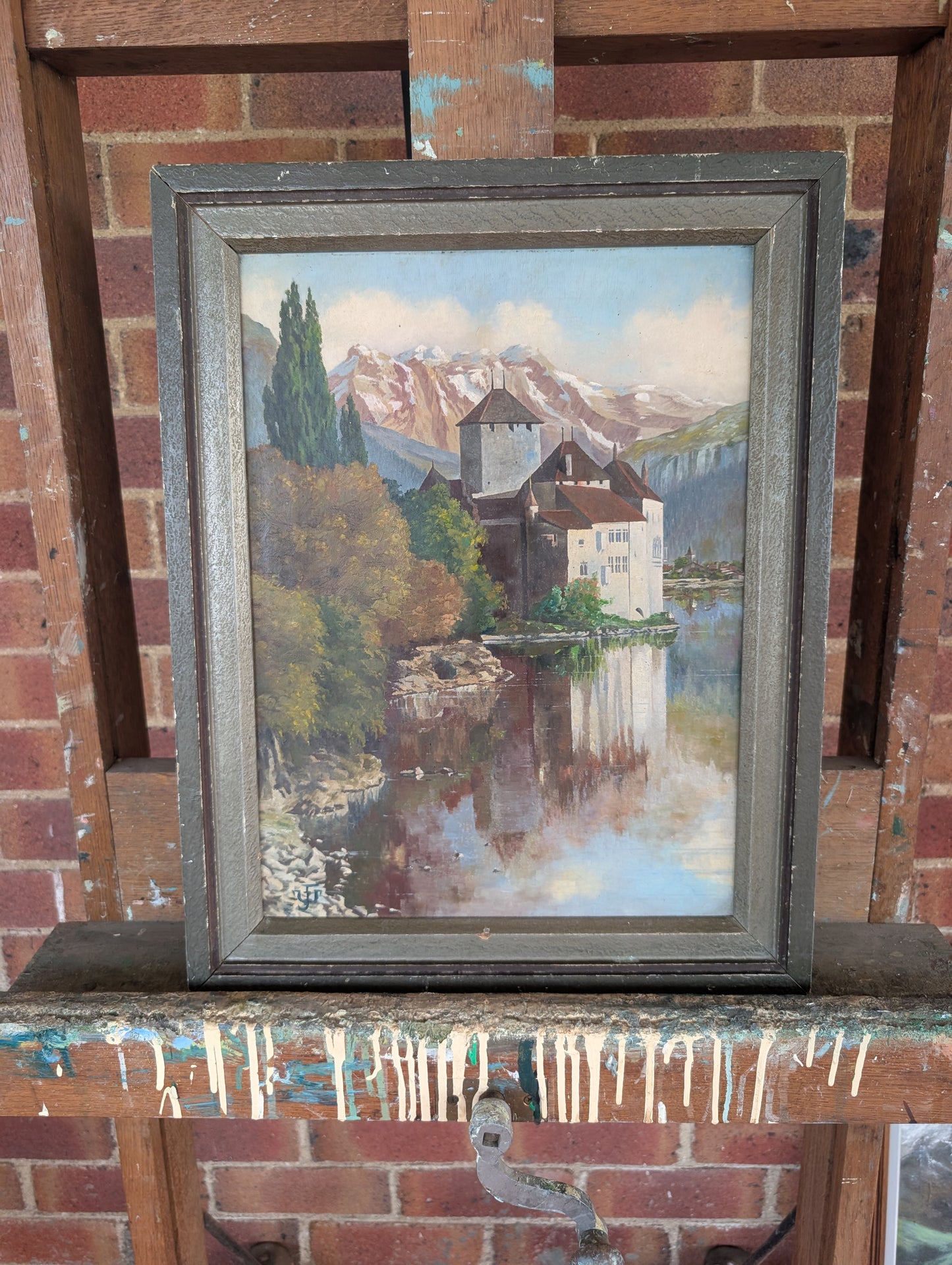 French Oil Painting – Chillon Castle on Lake Geneva, mid CXXth
