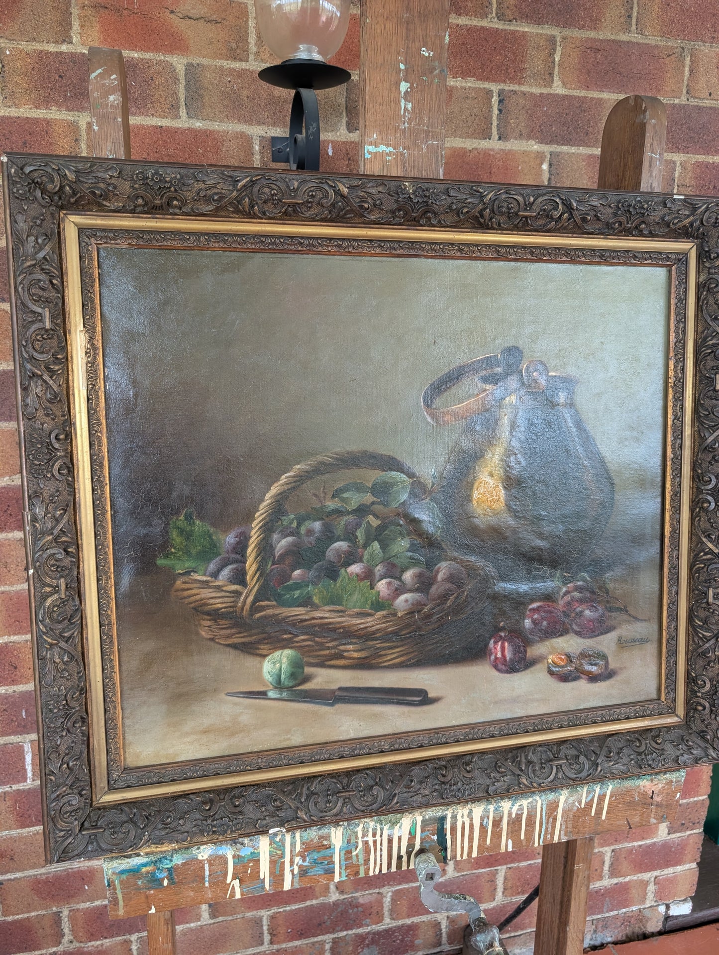 Still life plums painting, Leon Rousseau C19th