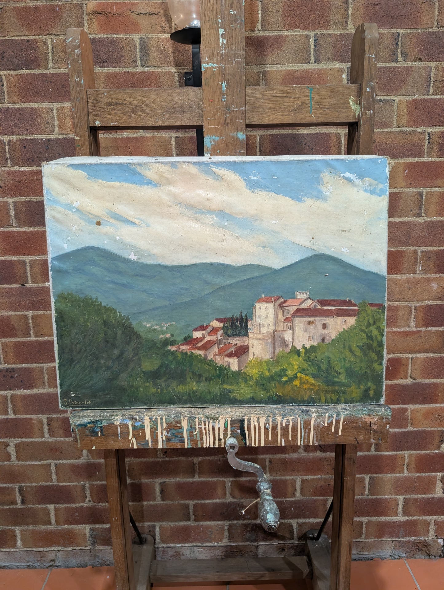 Mid-Century Impressionist french Hillside Village – Original Oil Painting - G. Poincelet