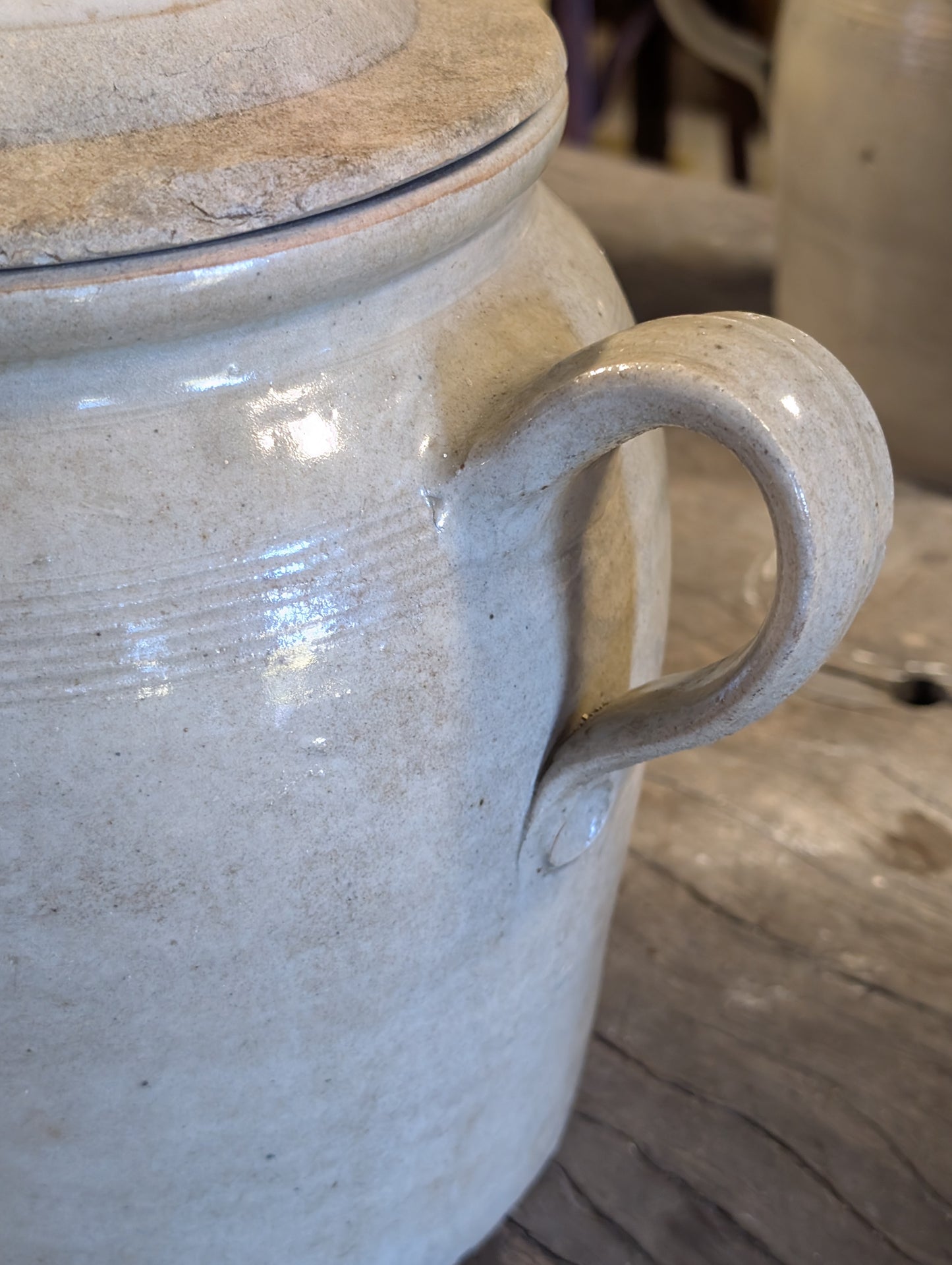 Authentic French antique stoneware confit pots 22cm high with kid
