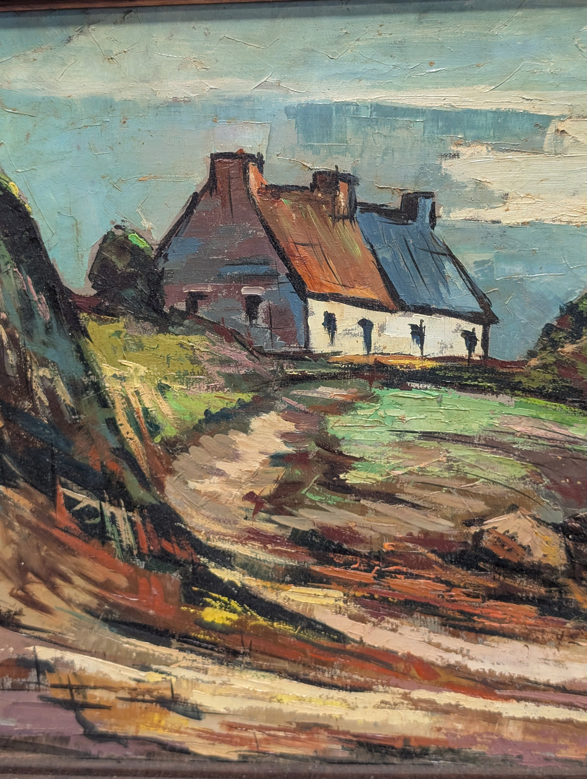 Original Mid-Century French Coastal Oil Painting - Breton Cottages by A. Le Guillou (1965)
