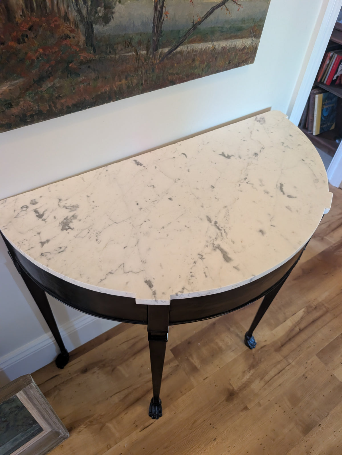 C19th Neoclassical Ebonized Demilune Console Table with Hand-Cut Carrara Marble
