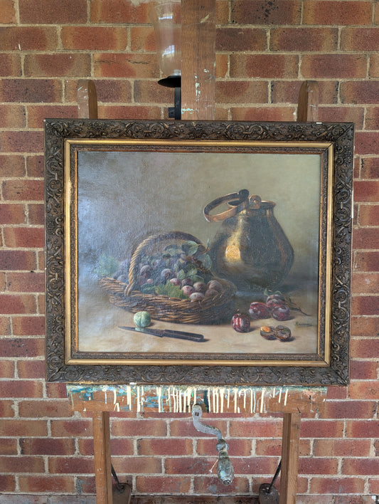Still life plums painting, Leon Rousseau C19th