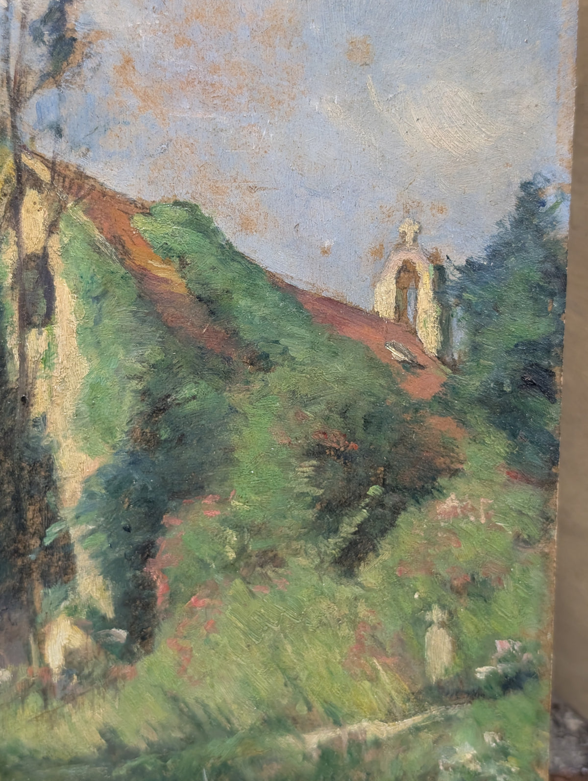 Antique French Impressionist Oil on Board – Chapelle de Présignac, Souillac (Lot), c. 1890–1930