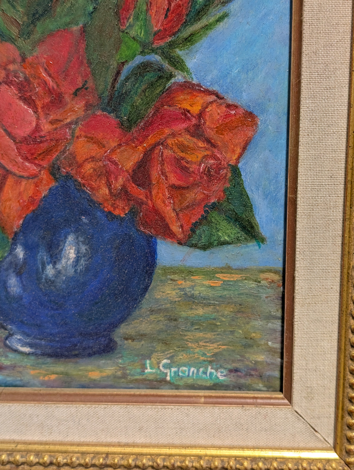 Original French Impressionist Still Life Oil Painting - "Roses: Christophe Colomb" by Lydie Granche (2004)