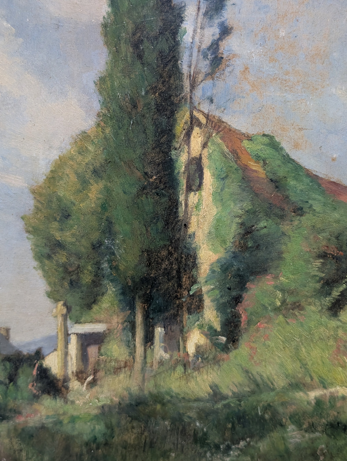 Antique French Impressionist Oil on Board – Chapelle de Présignac, Souillac (Lot), c. 1890–1930