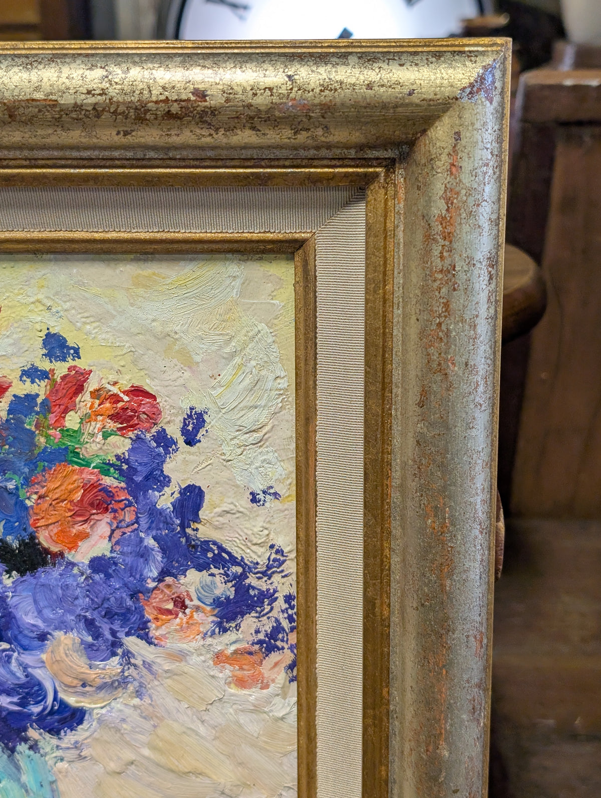 Mid-Century French Impressionist Floral Still Life – Oil on Board by M. Claire