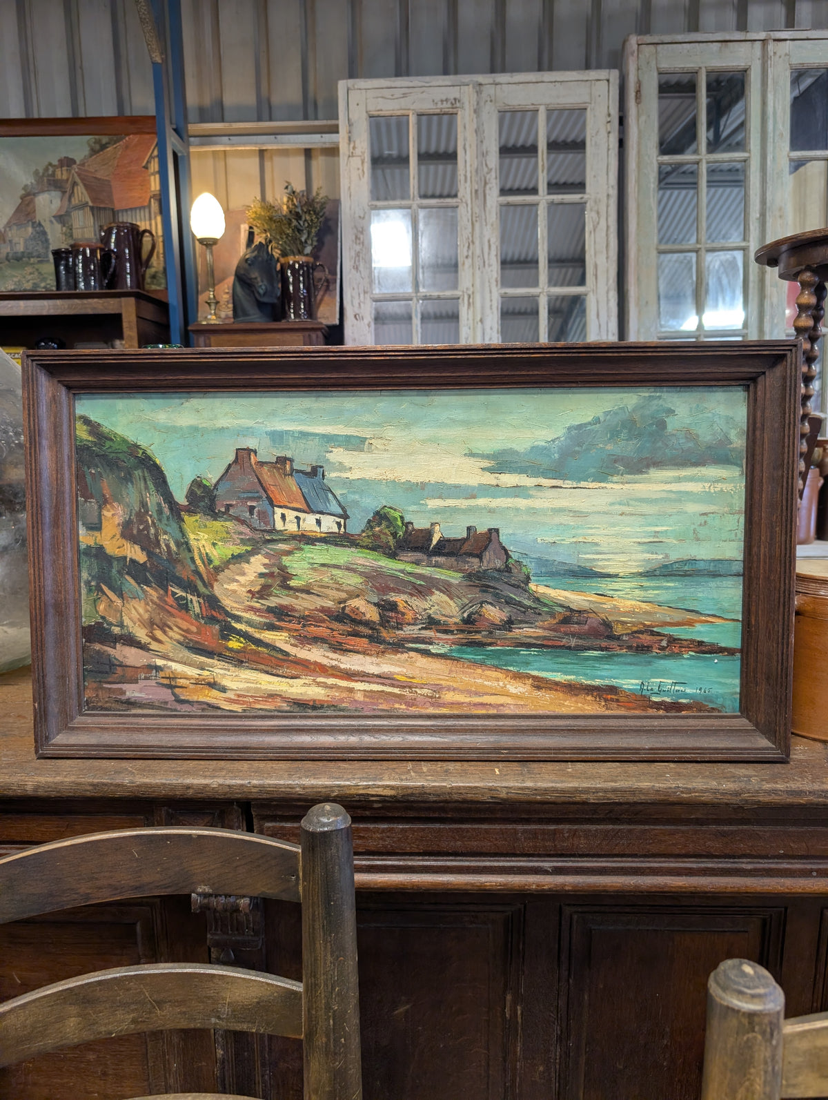 Original Mid-Century French Coastal Oil Painting - Breton Cottages by A. Le Guillou (1965)