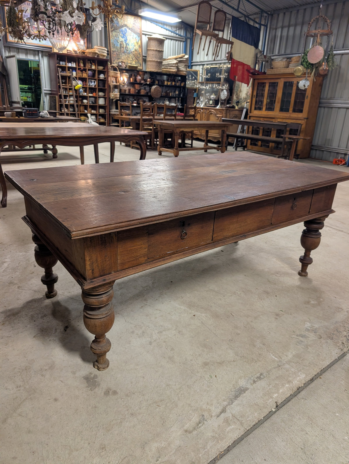 C19th European Farm Table with 2 drawers, kitchen island.