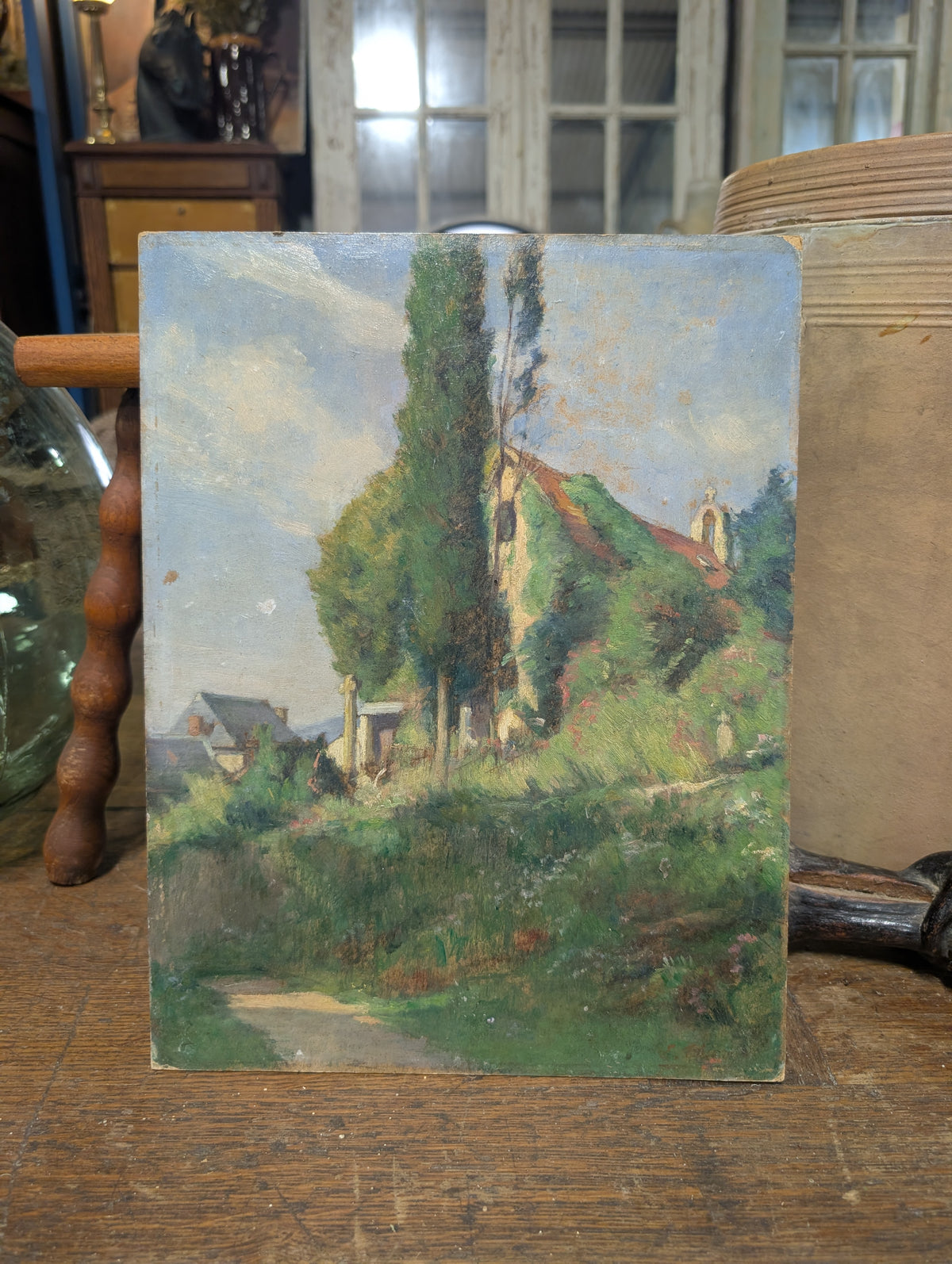 Antique French Impressionist Oil on Board – Chapelle de Présignac, Souillac (Lot), c. 1890–1930