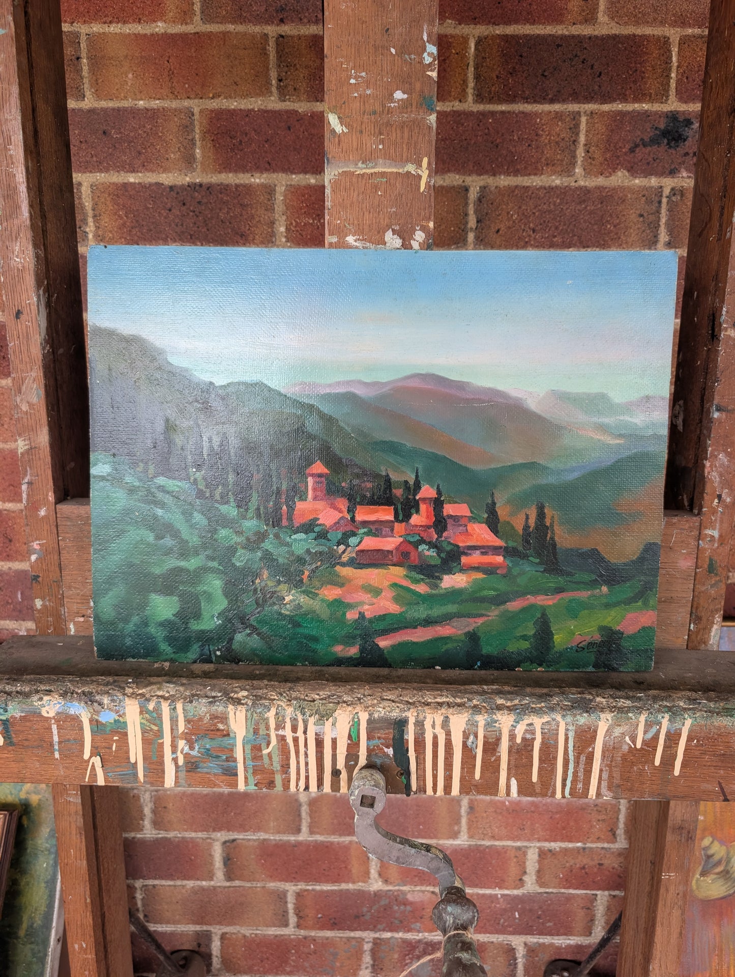 Sunset Over the Monastery – Original 1977 Oil Landscape by Sénéchal