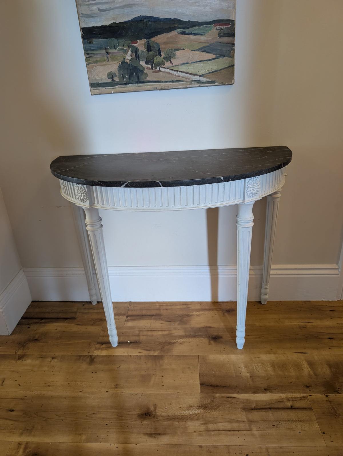 Louis XVI style half moon console table with Marble top.