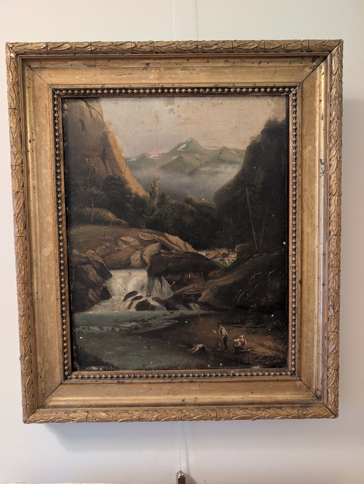 Antique C19th Swiss Alpine Landscape Oil Painting