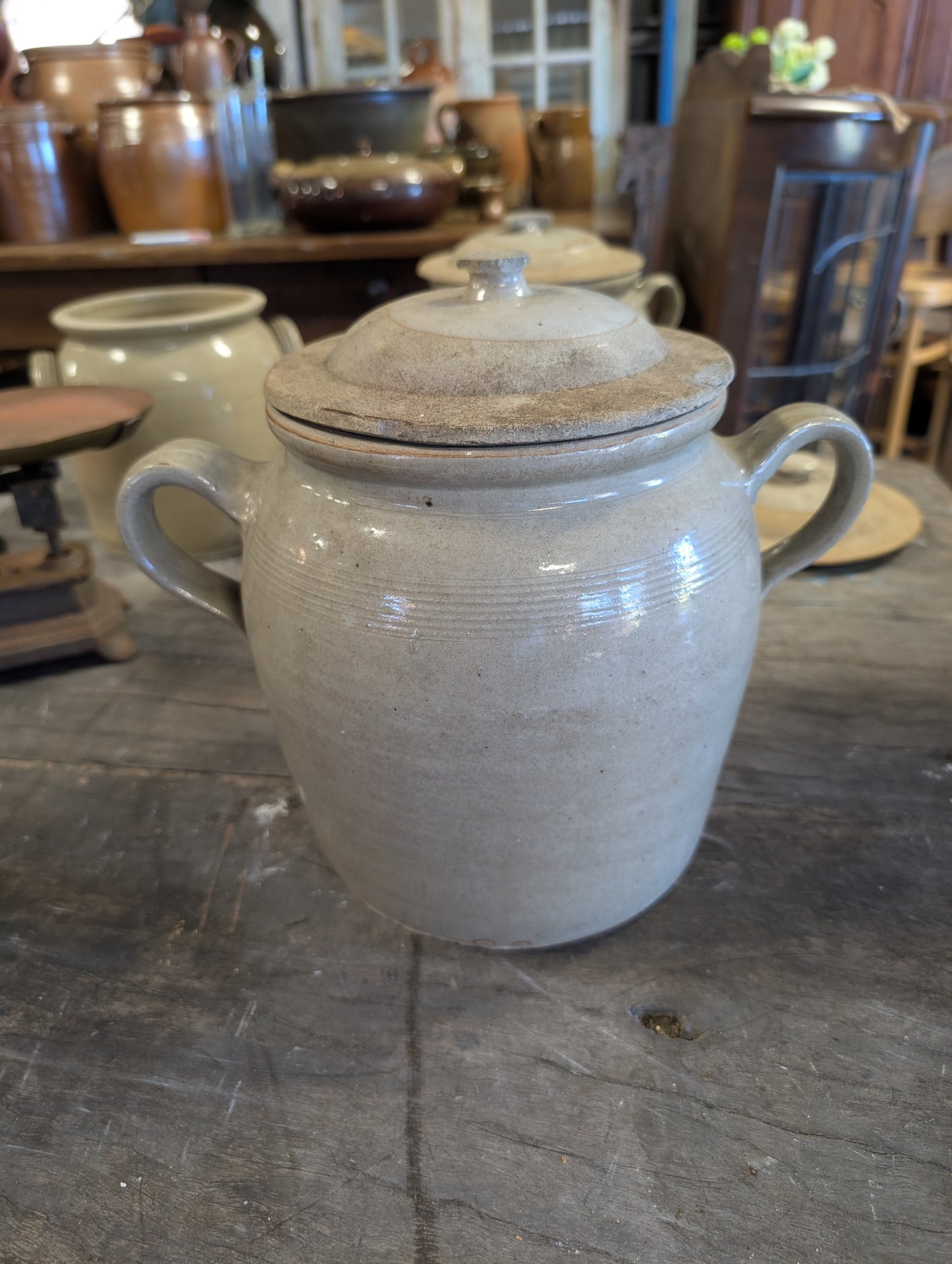 Authentic French antique stoneware confit pots 22cm high with kid