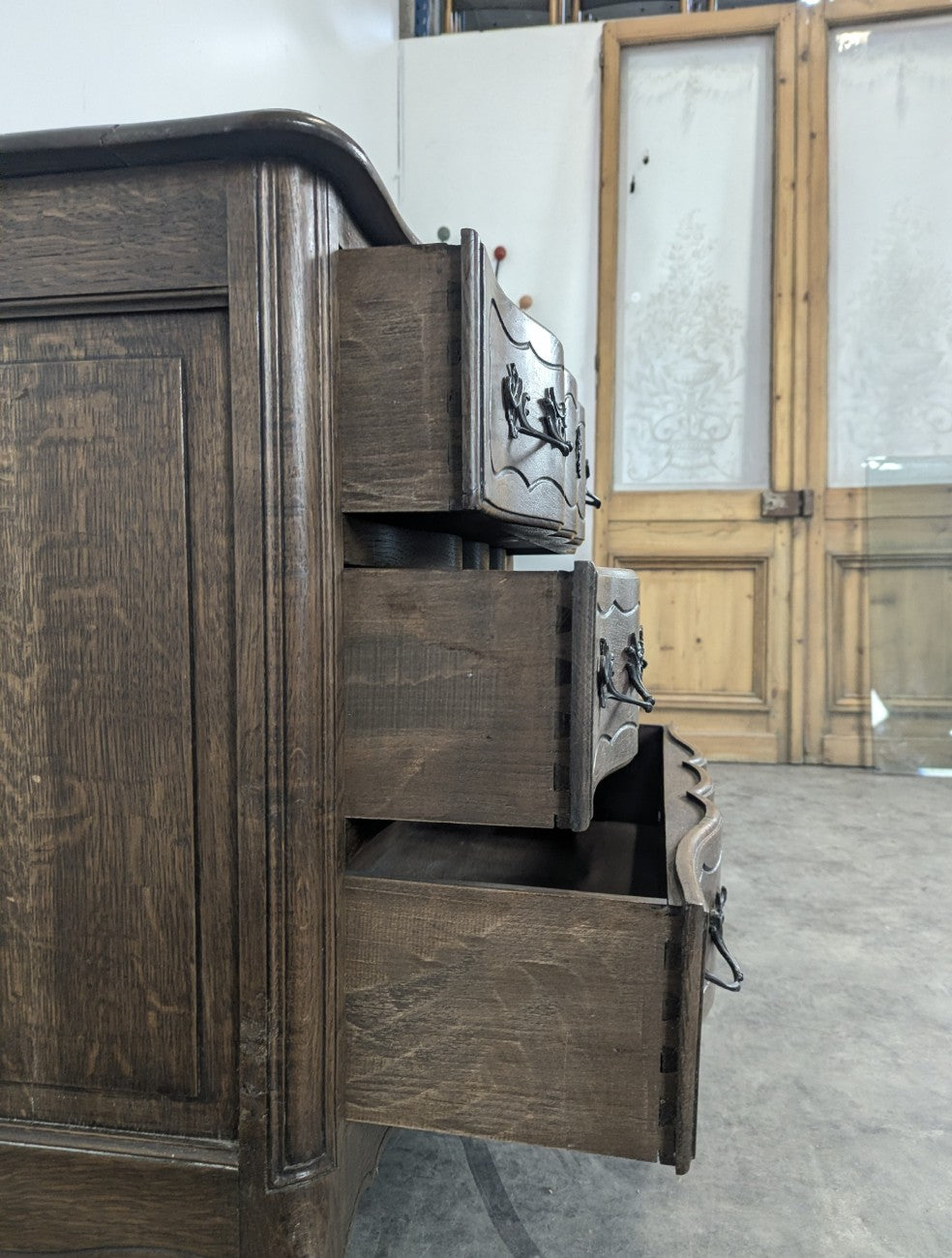 Neo-rustic Louis XV style crossbow chest of drawers in oak