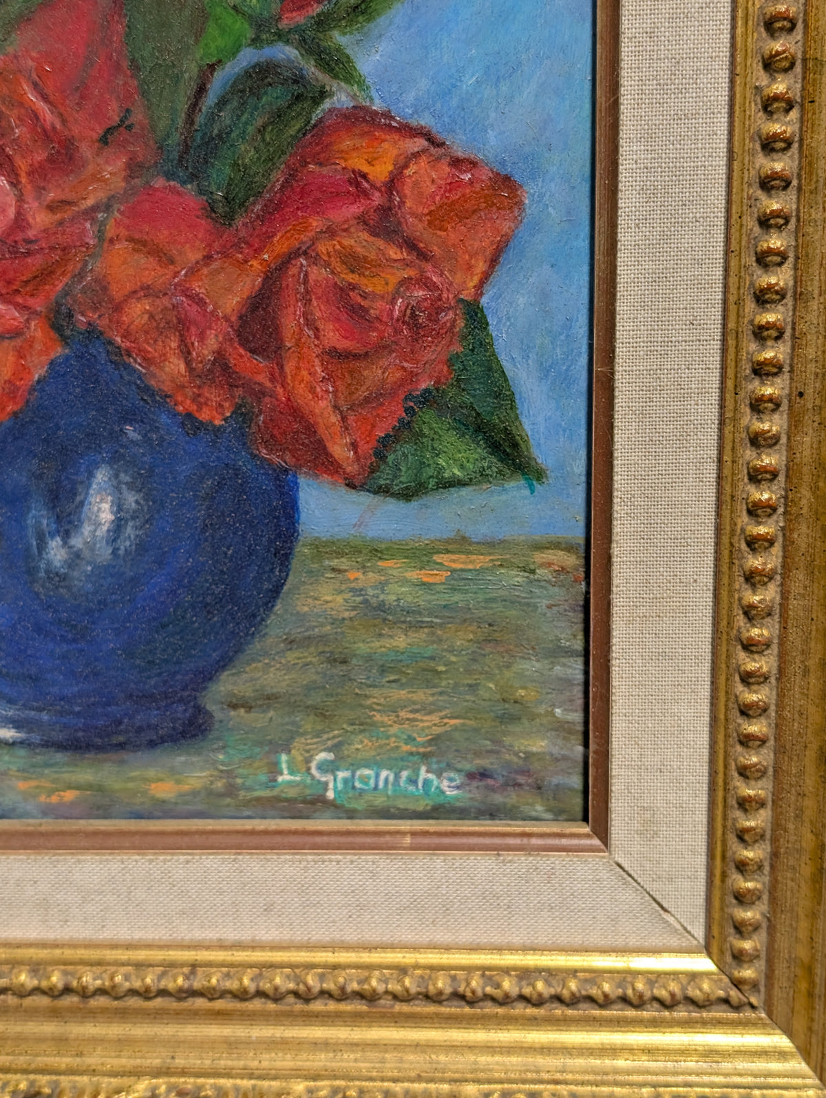 Original French Impressionist Still Life Oil Painting - "Roses: Christophe Colomb" by Lydie Granche (2004)