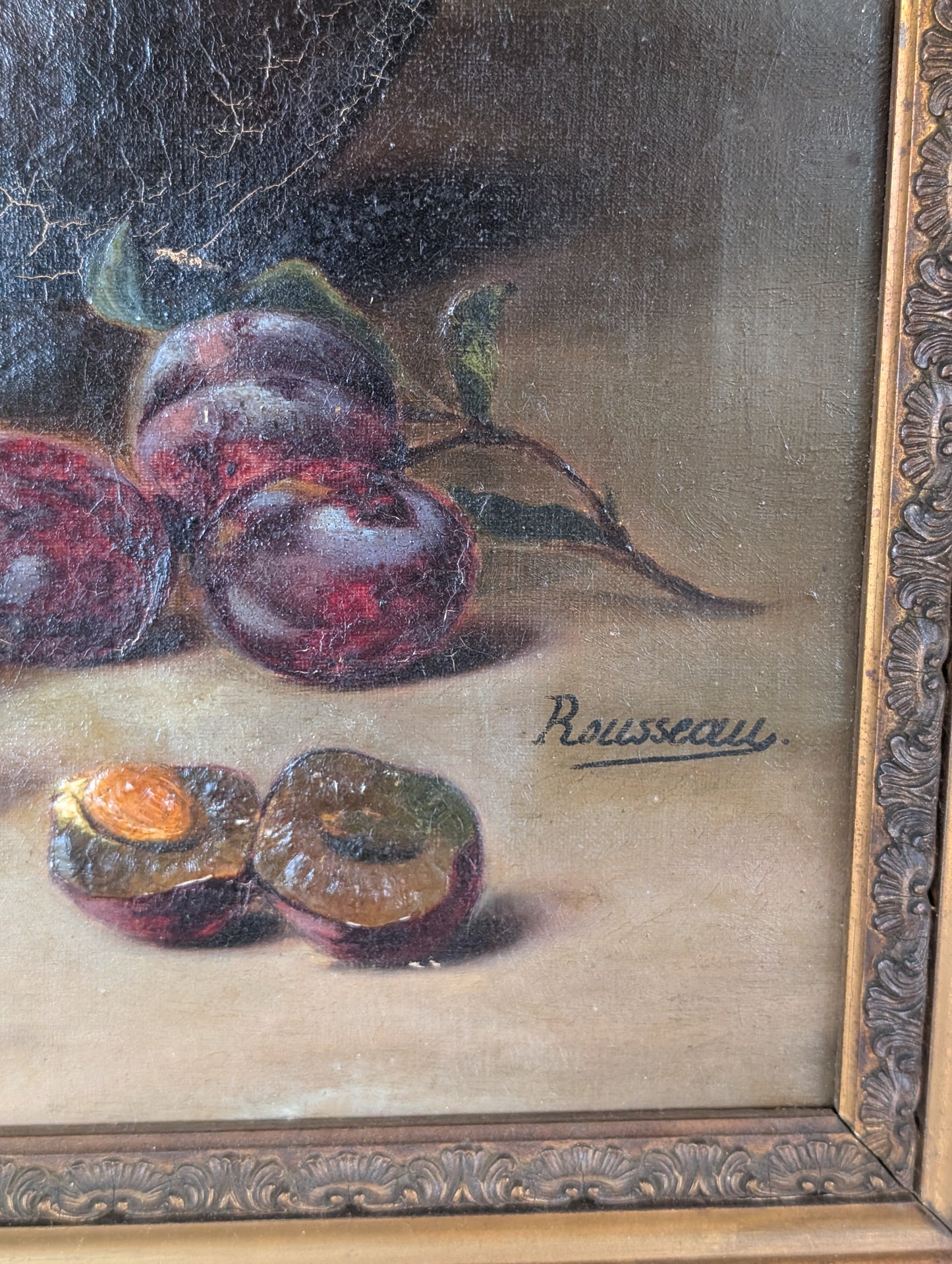 Still life plums painting, Leon Rousseau C19th