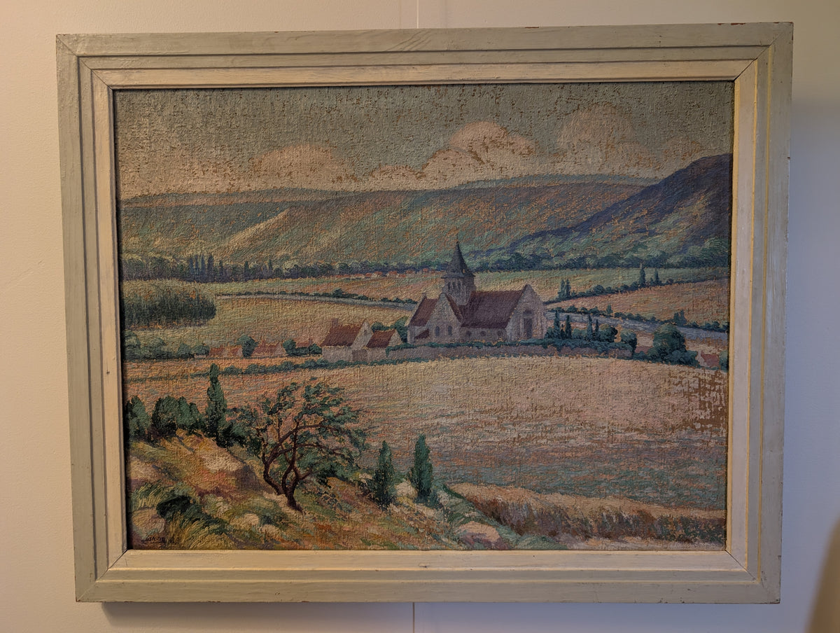 Post-Impressionist landscape painting rendered in a textured, stippled pointillist technique. By David C20th