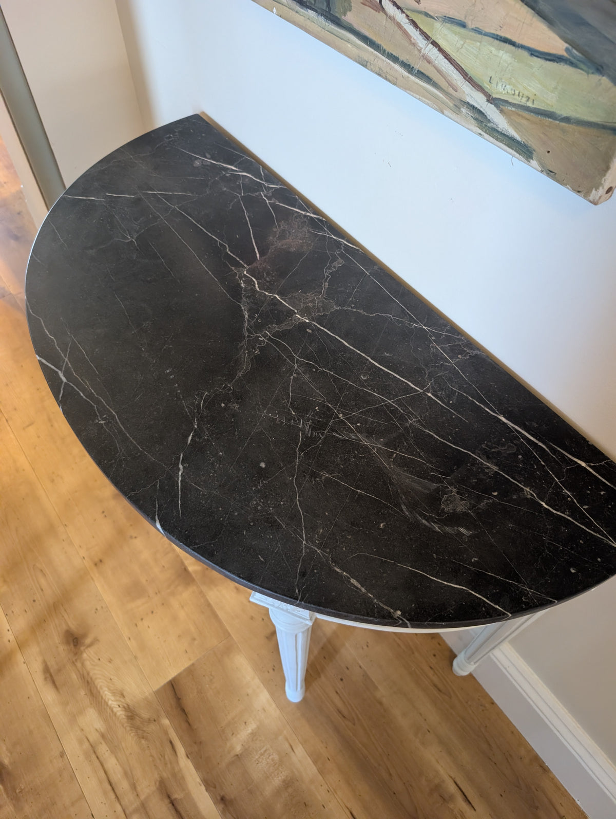 Louis XVI style half moon console table with Marble top.