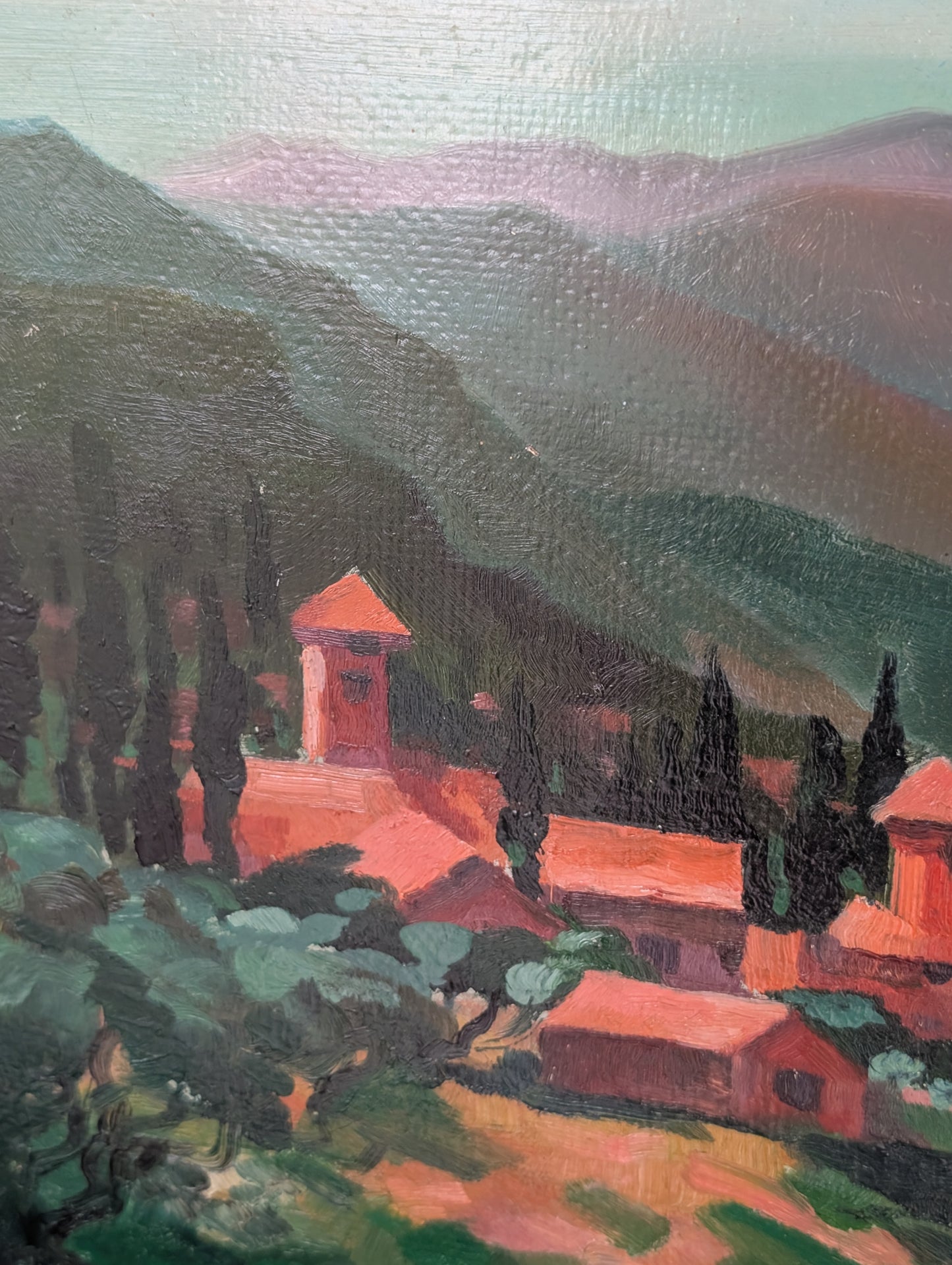 Sunset Over the Monastery – Original 1977 Oil Landscape by Sénéchal