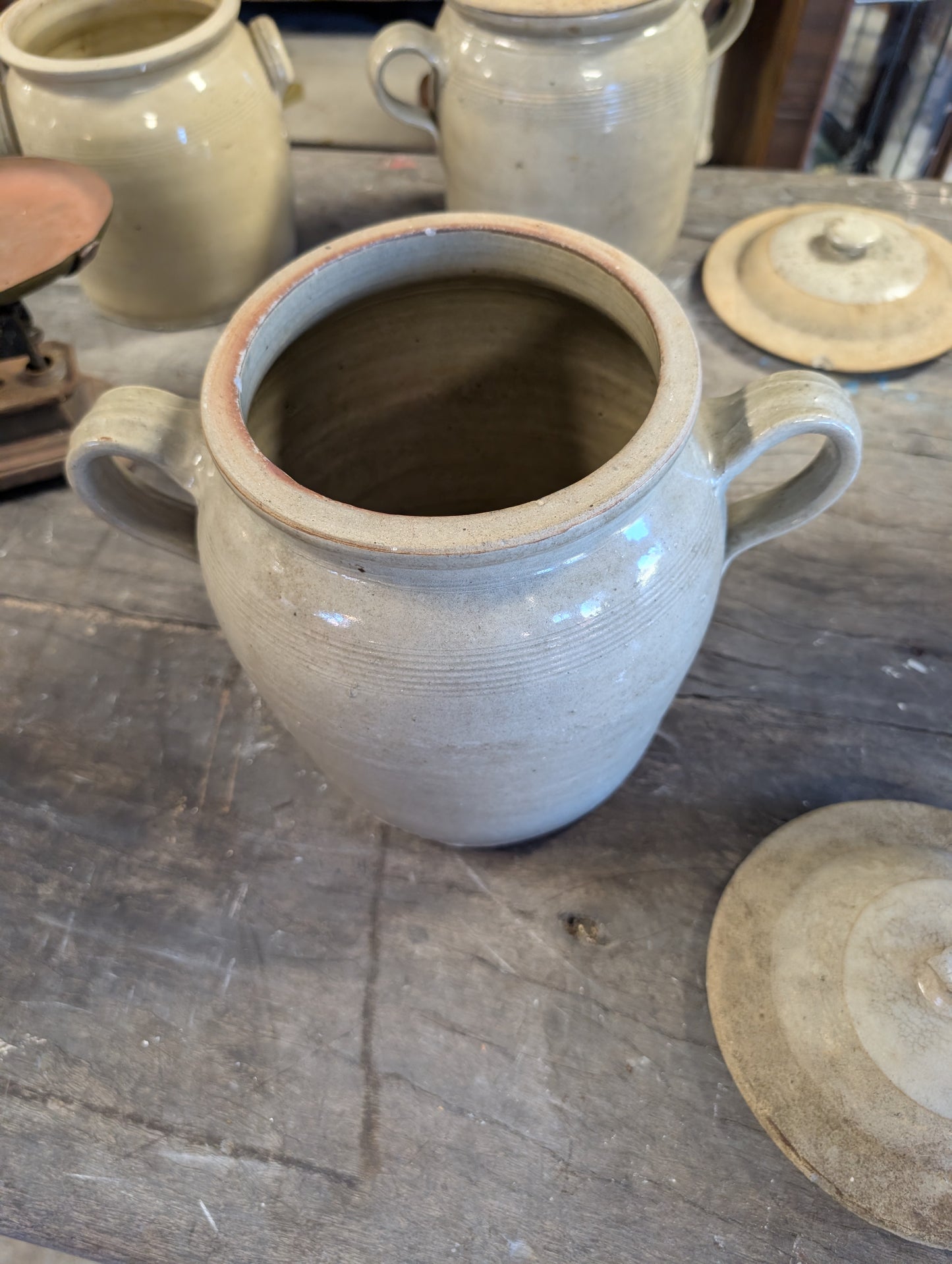 Authentic French antique stoneware confit pots 22cm high with kid