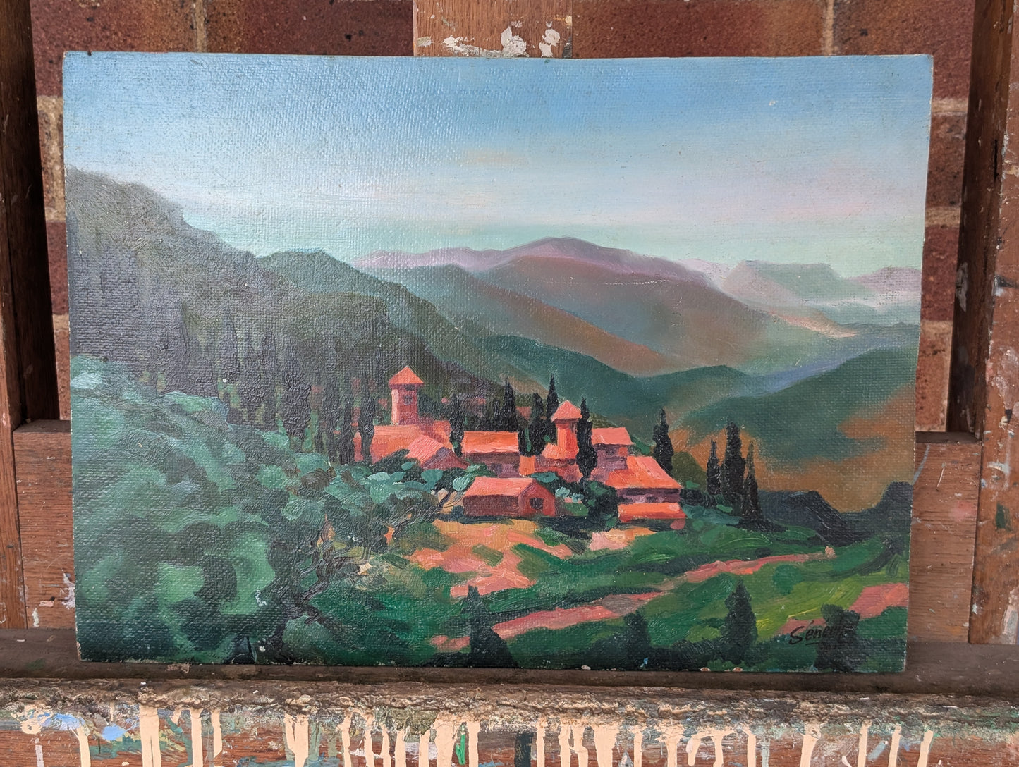 Sunset Over the Monastery – Original 1977 Oil Landscape by Sénéchal