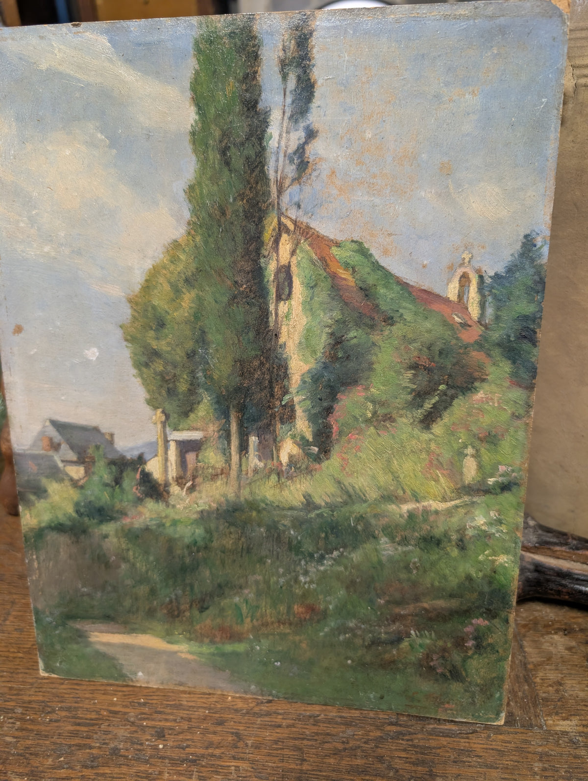 Antique French Impressionist Oil on Board – Chapelle de Présignac, Souillac (Lot), c. 1890–1930