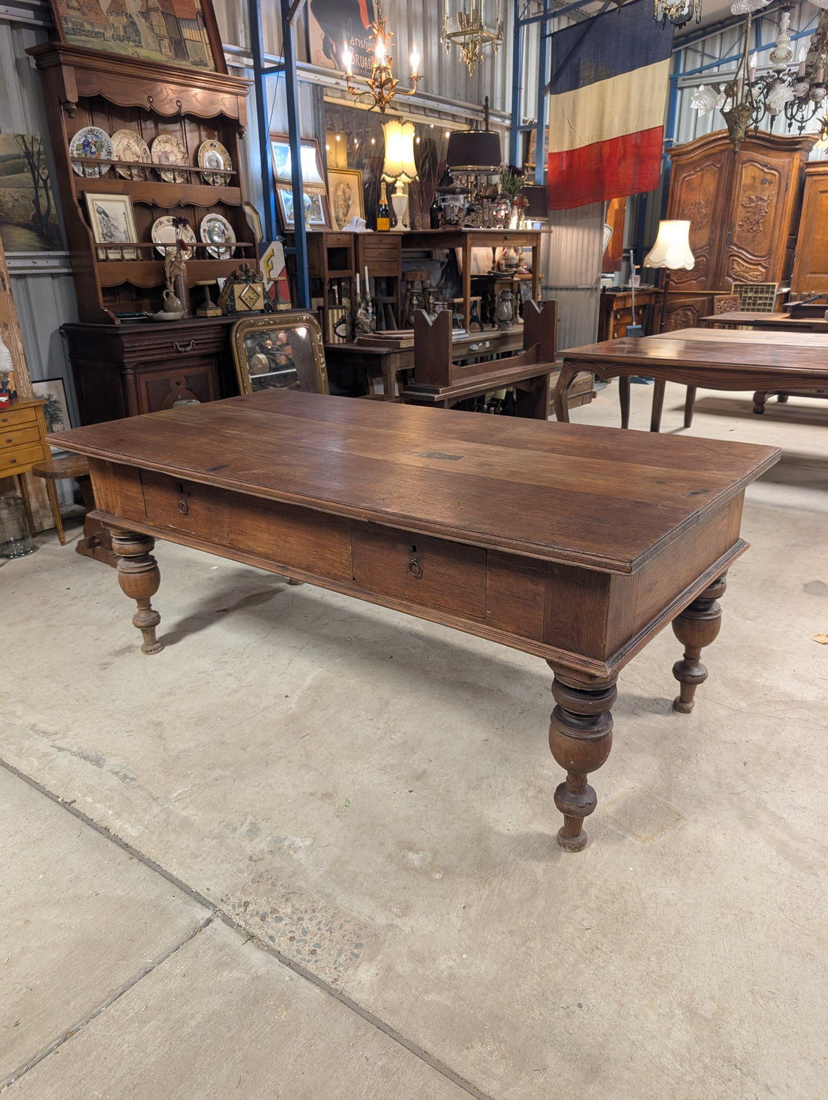 C19th European Farm Table with 2 drawers, kitchen island.