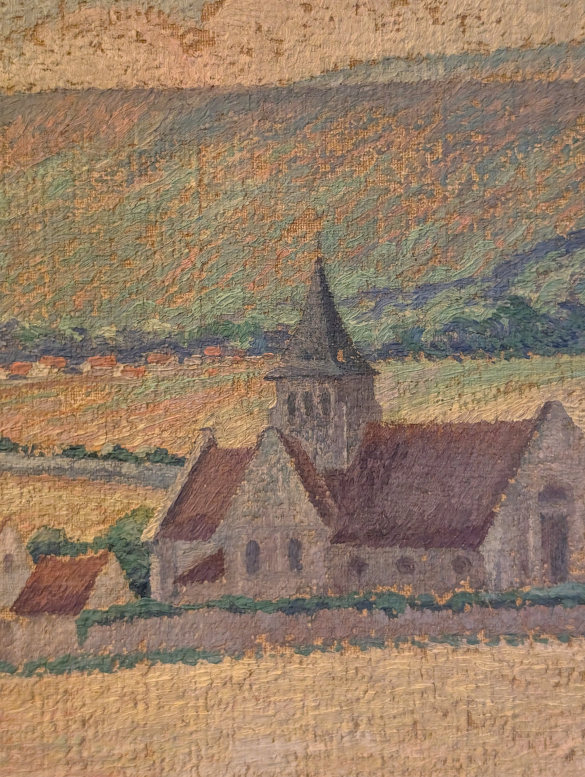 Post-Impressionist landscape painting rendered in a textured, stippled pointillist technique. By David C20th