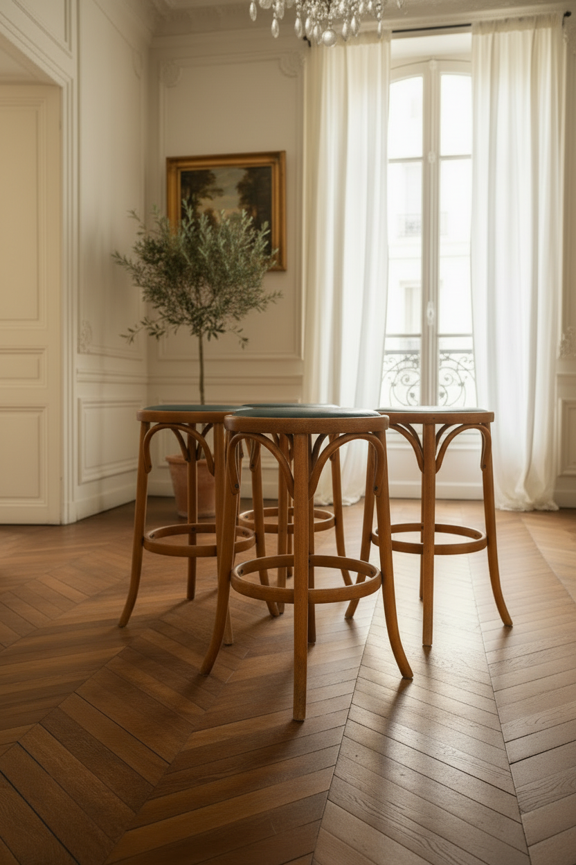 Set of 4 bar stool thonet style with leather top.
