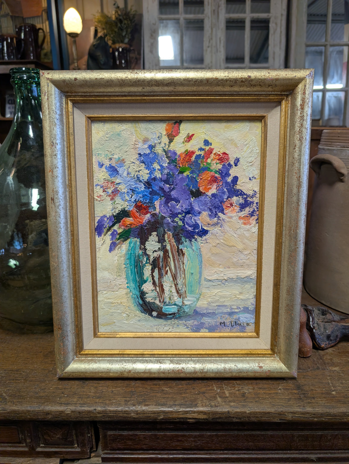 Mid-Century French Impressionist Floral Still Life – Oil on Board by M. Claire