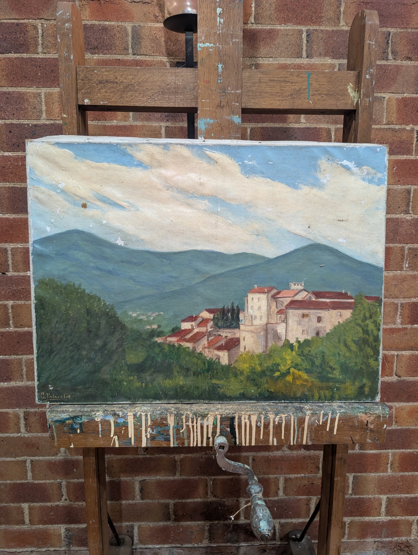 Mid-Century Impressionist french Hillside Village – Original Oil Painting - G. Poincelet