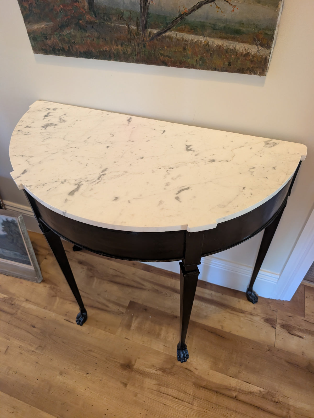 C19th Neoclassical Ebonized Demilune Console Table with Hand-Cut Carrara Marble