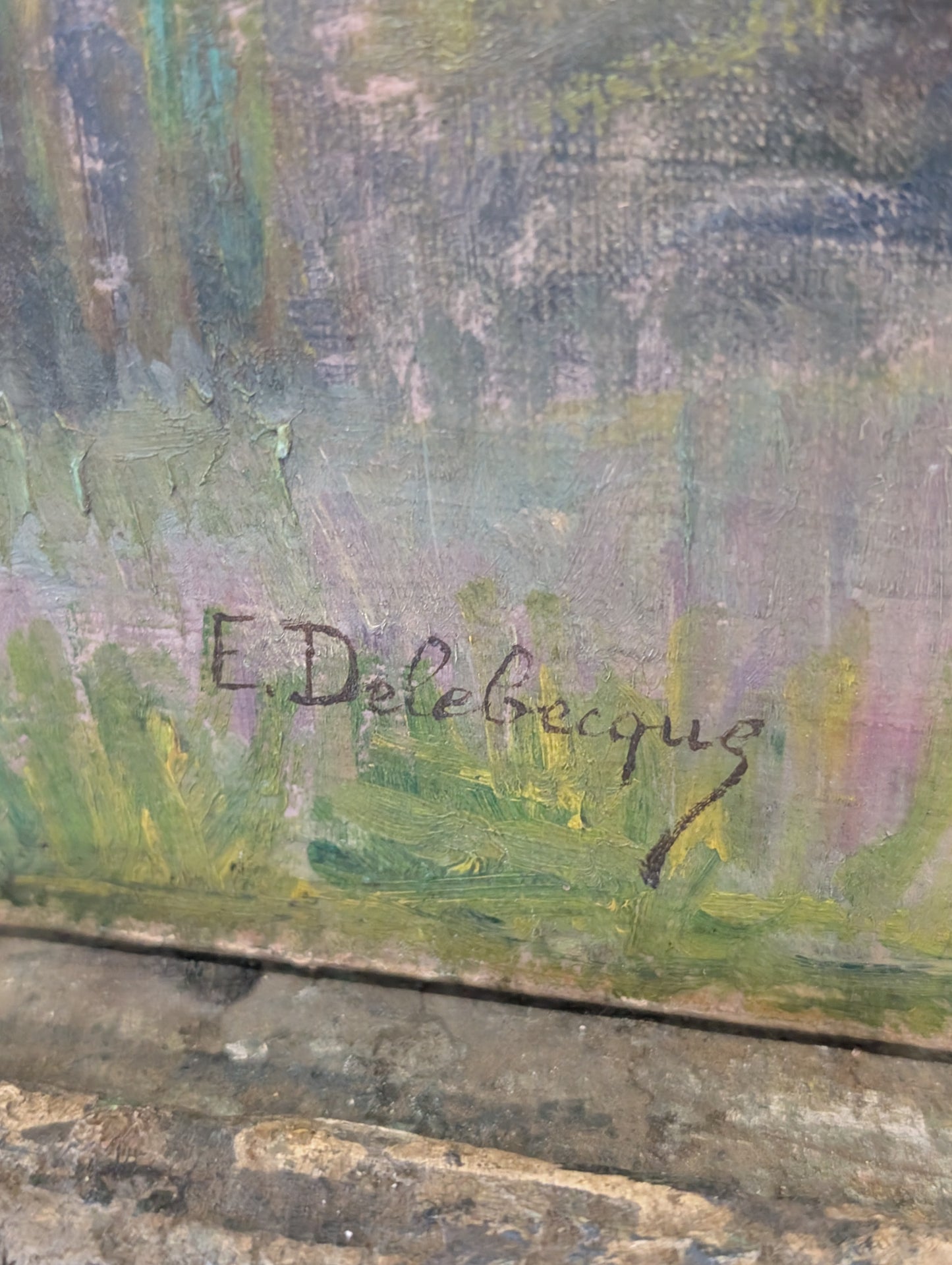 landscape plein-air oil painting created by E. Delebecque. Mid CXXth