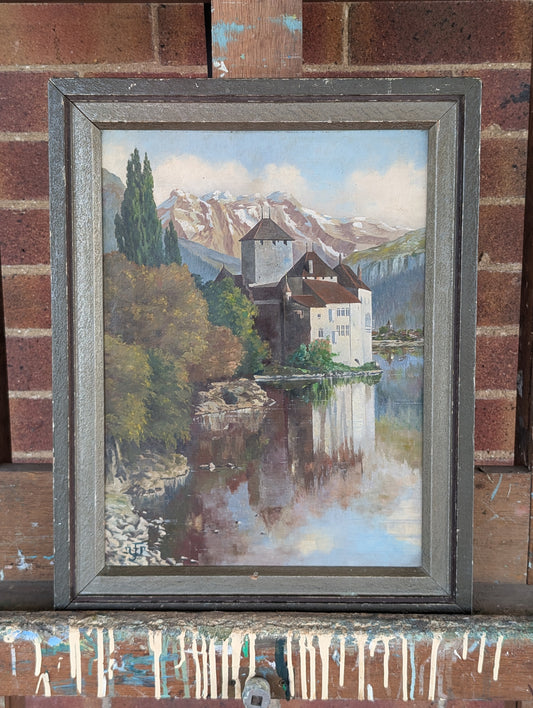 French Oil Painting – Chillon Castle on Lake Geneva, mid CXXth