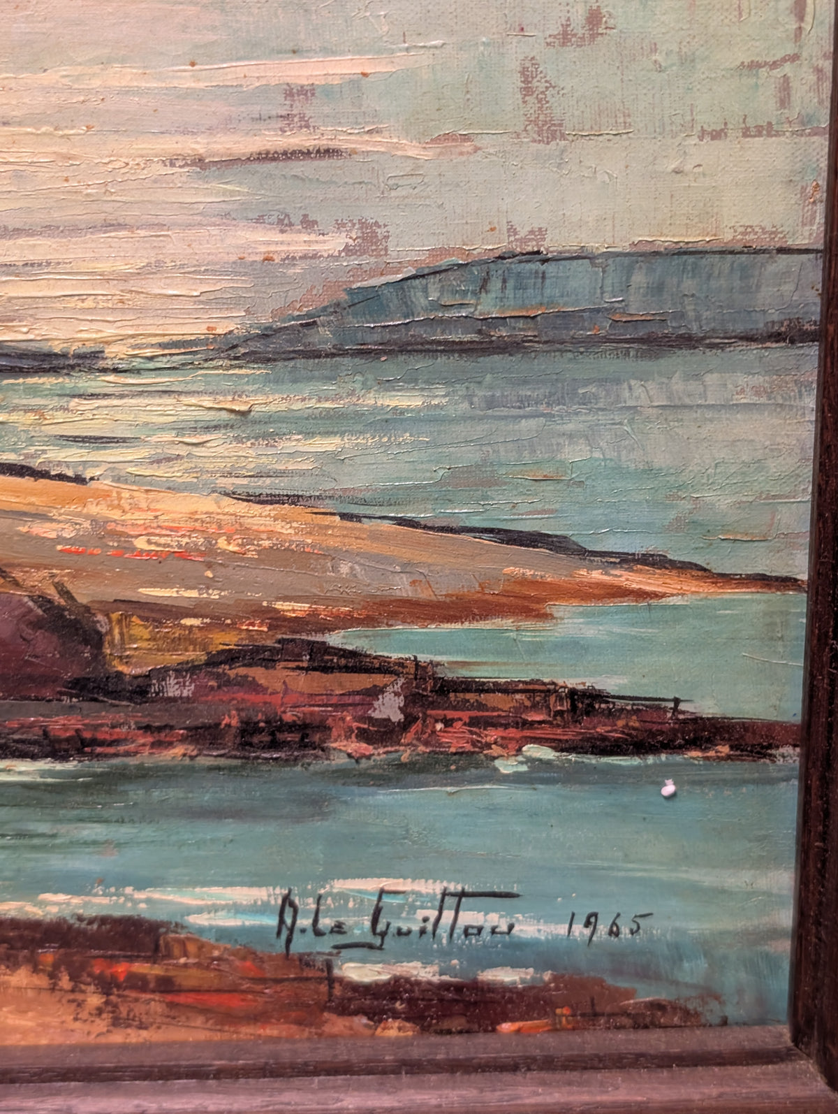 Original Mid-Century French Coastal Oil Painting - Breton Cottages by A. Le Guillou (1965)