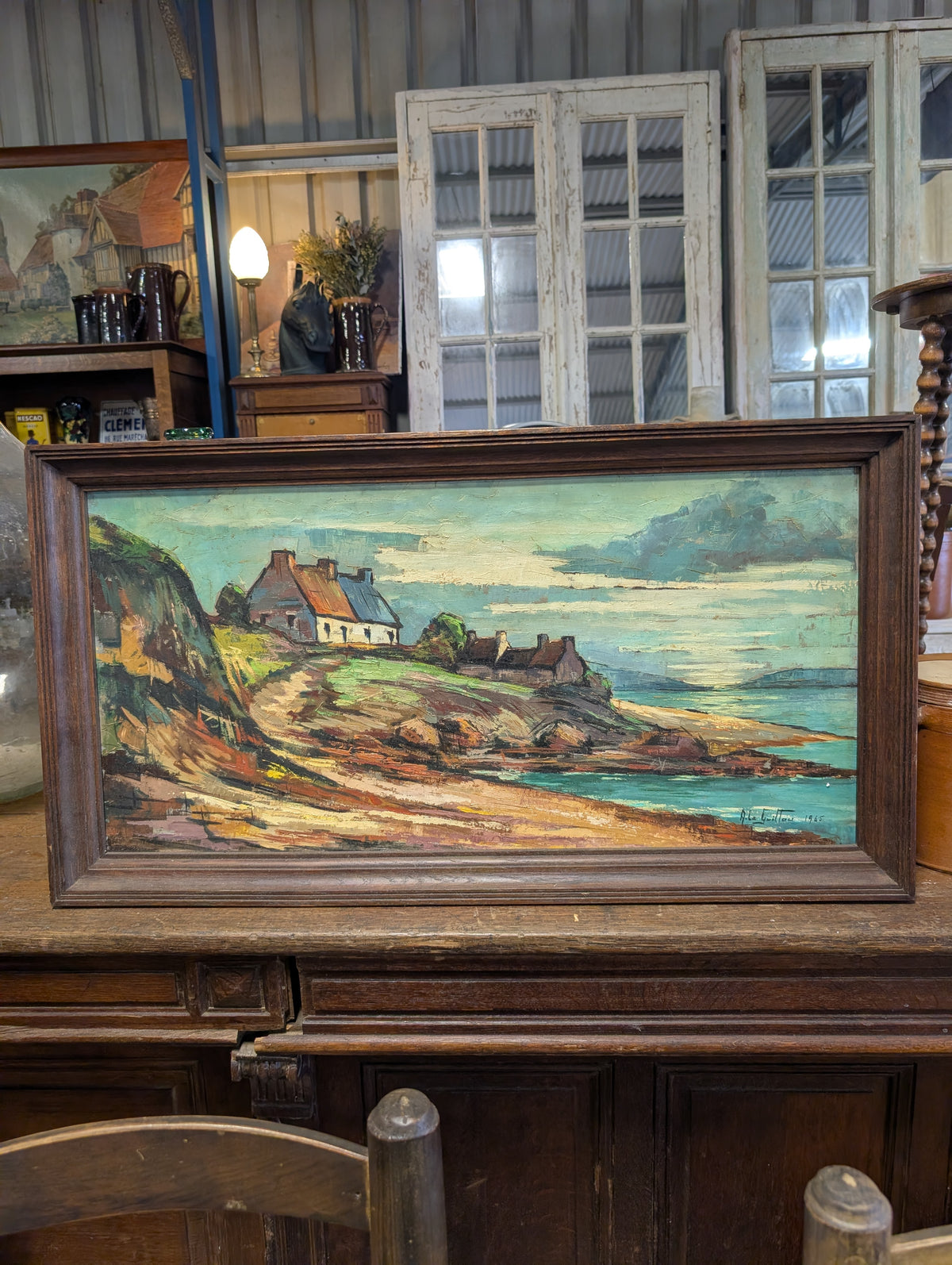 Original Mid-Century French Coastal Oil Painting - Breton Cottages by A. Le Guillou (1965)