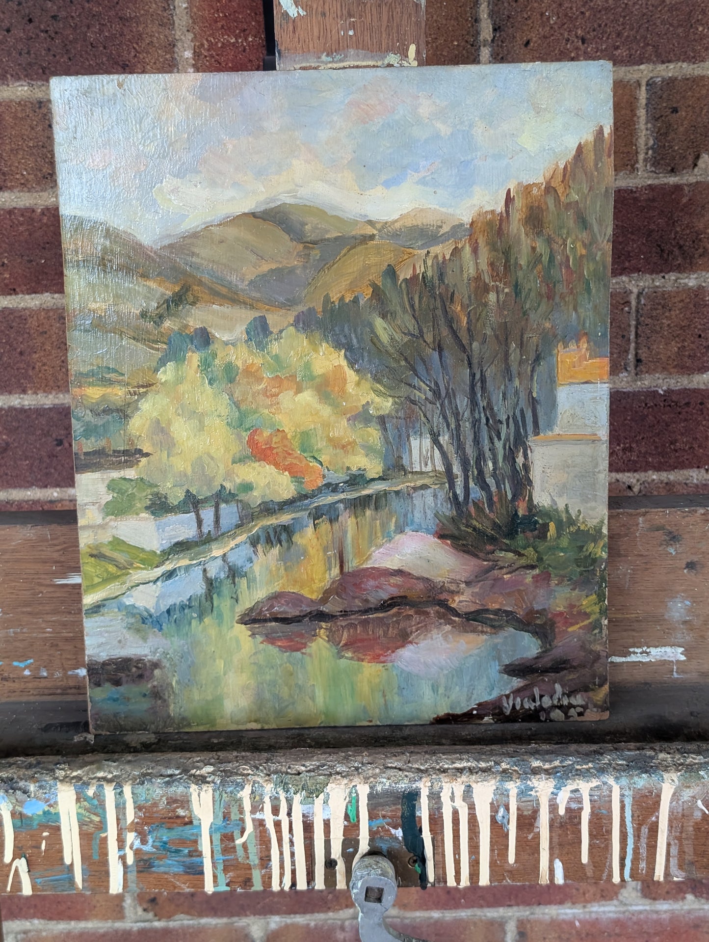 River landscape in Autumn, oil on board CXXth