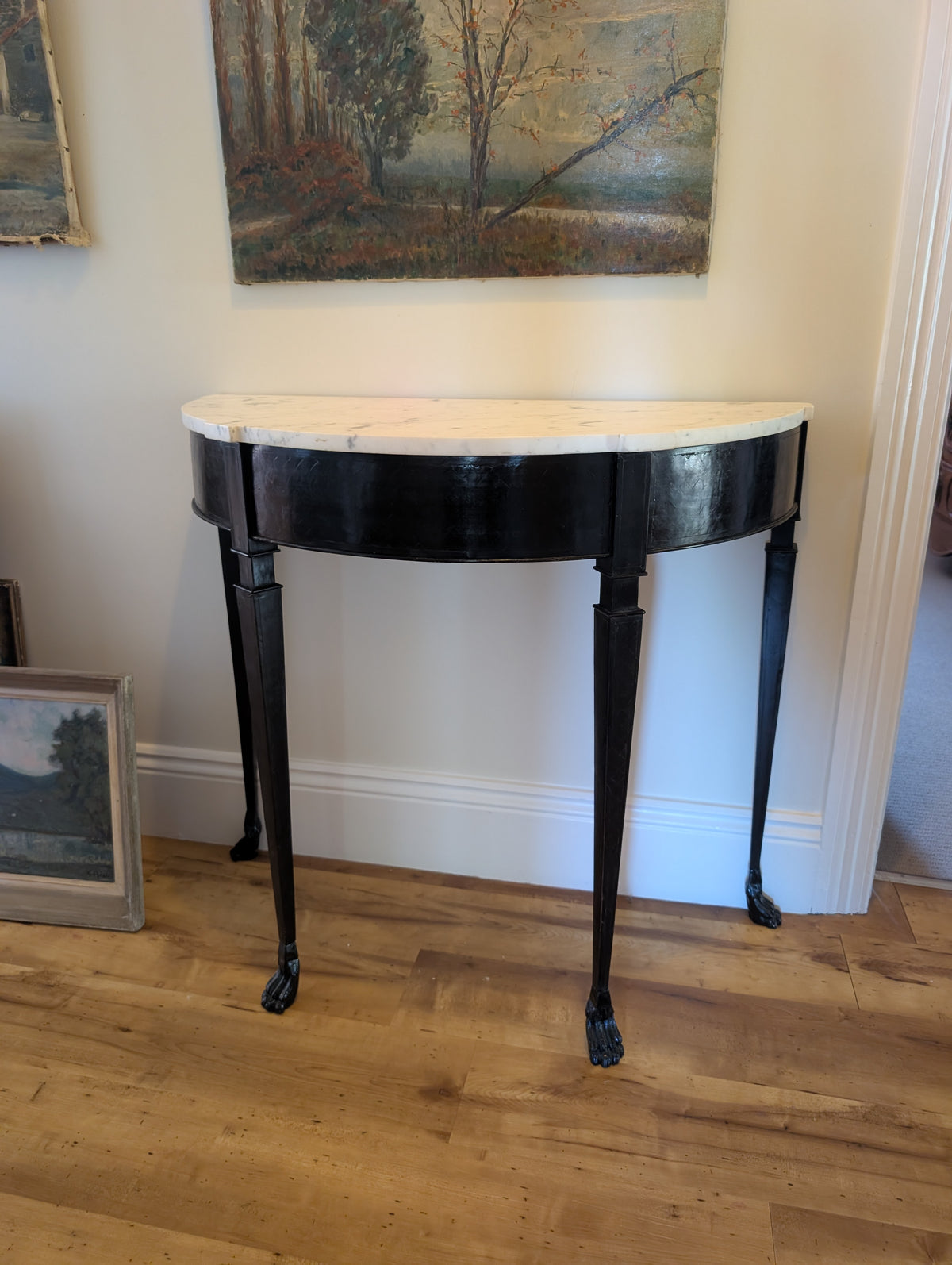 C19th Neoclassical Ebonized Demilune Console Table with Hand-Cut Carrara Marble
