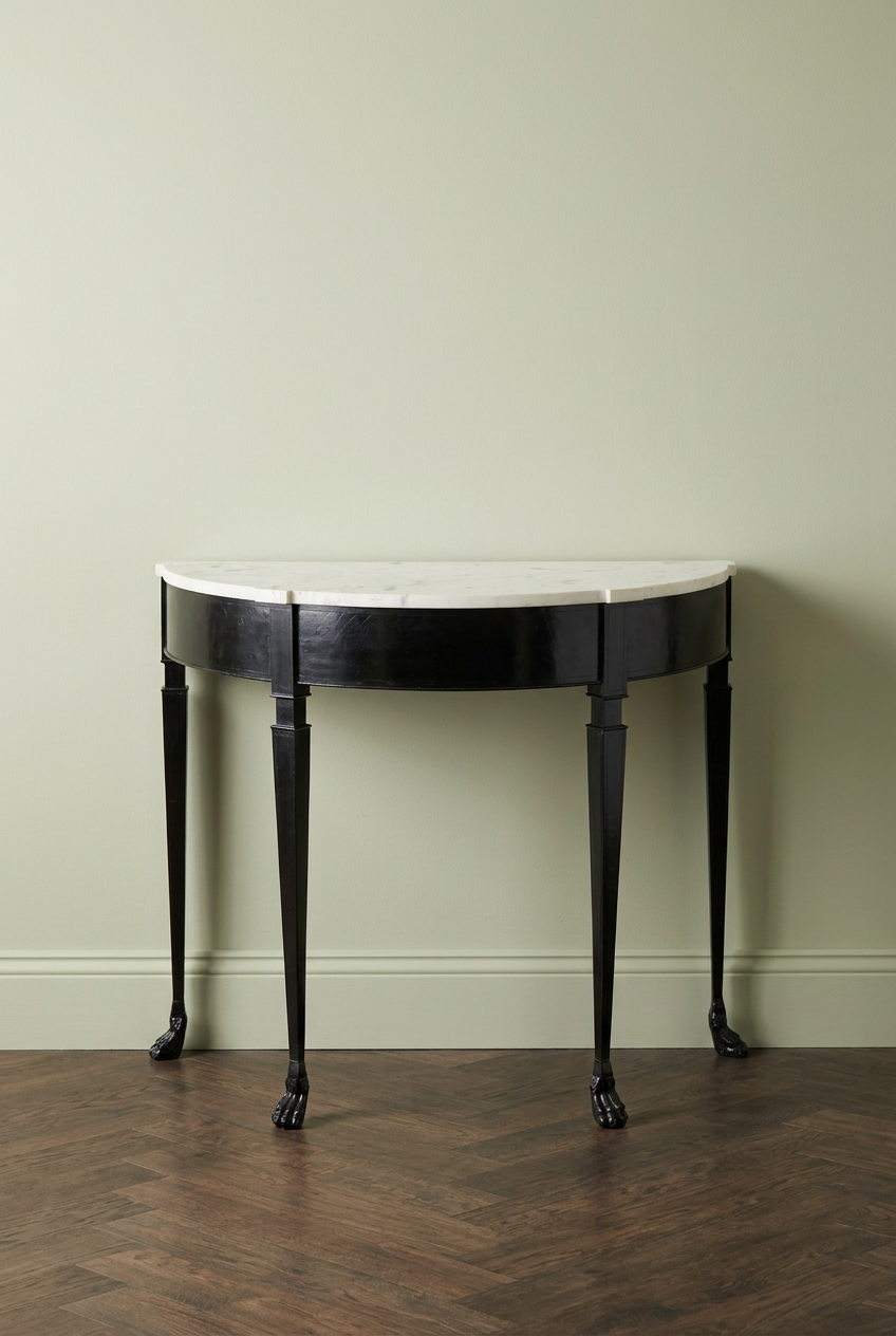 C19th Neoclassical Ebonized Demilune Console Table with Hand-Cut Carrara Marble